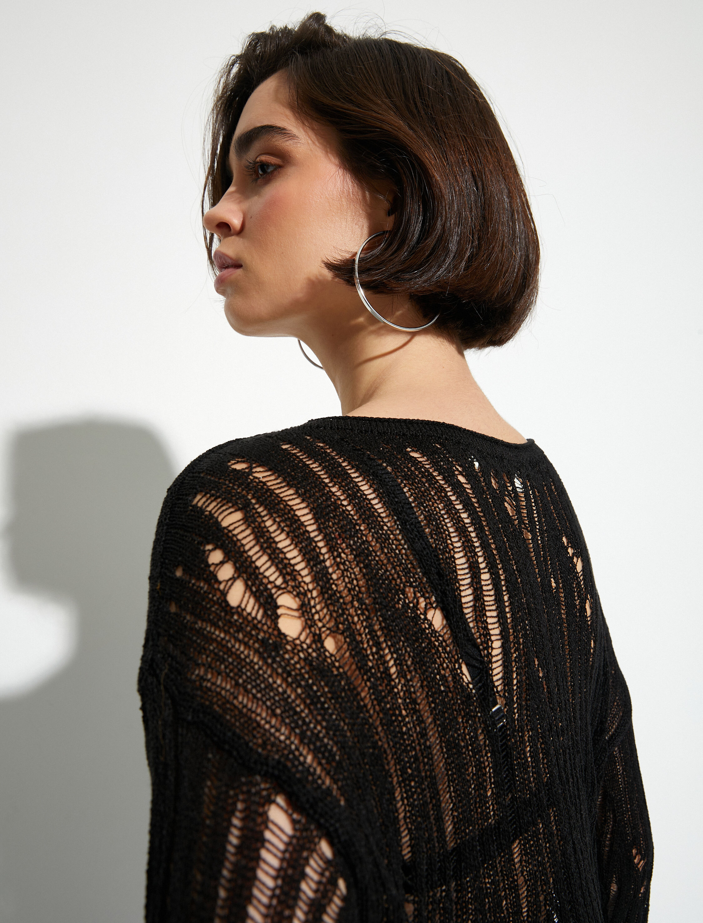   Ajurlu Kazak Kayık Yaka Düşük Omuz Detaylı Uzun Kollu