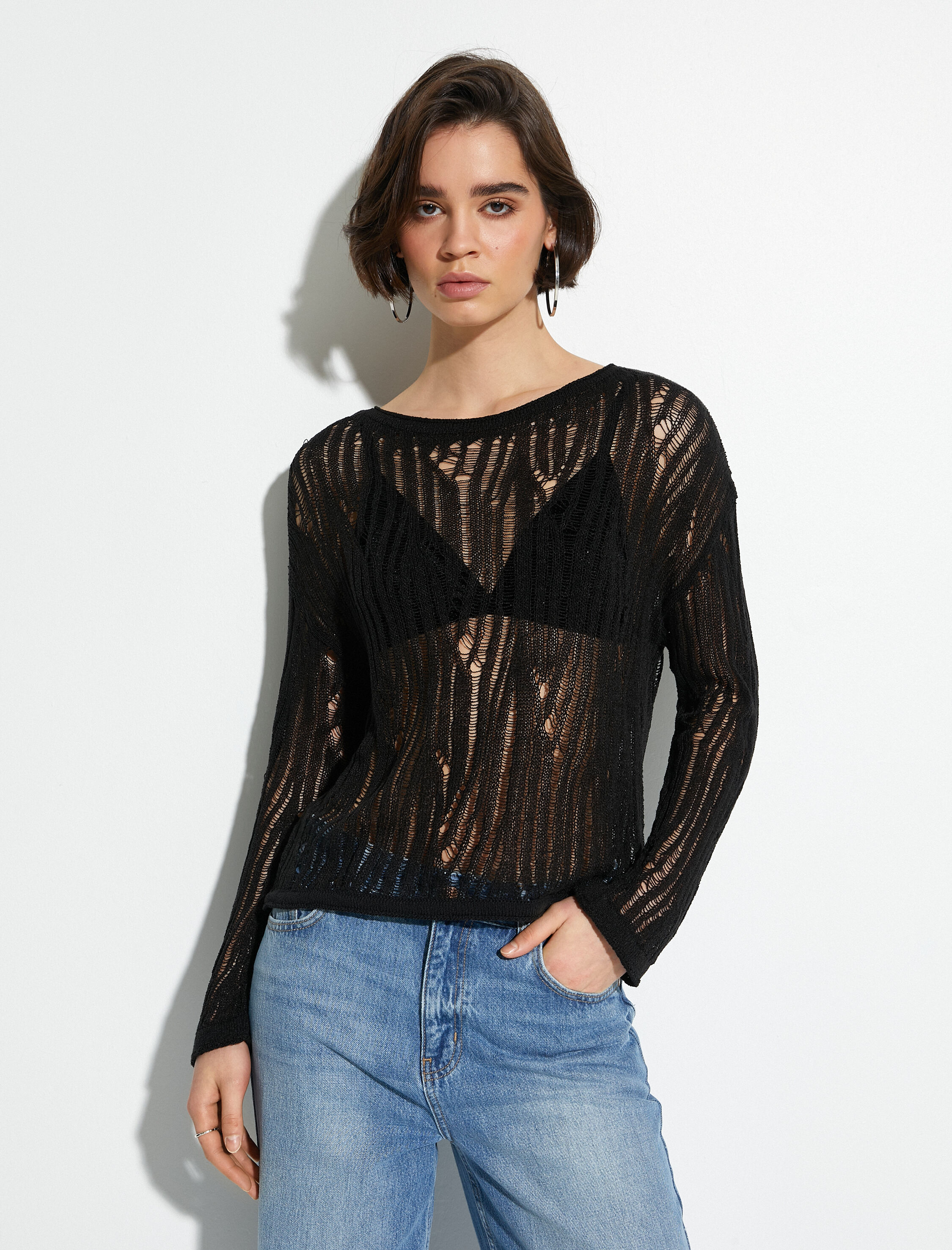   Ajurlu Kazak Kayık Yaka Düşük Omuz Detaylı Uzun Kollu