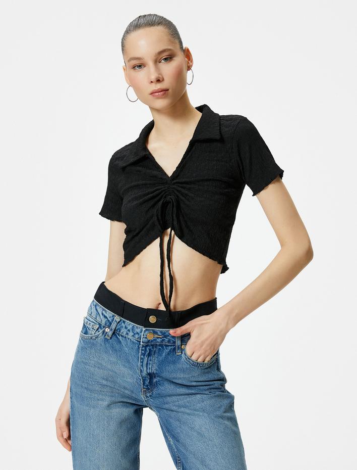  Crop Polo Yaka Tişört Önden Büzgülü Bağlamalı Dokulu Bürümcük