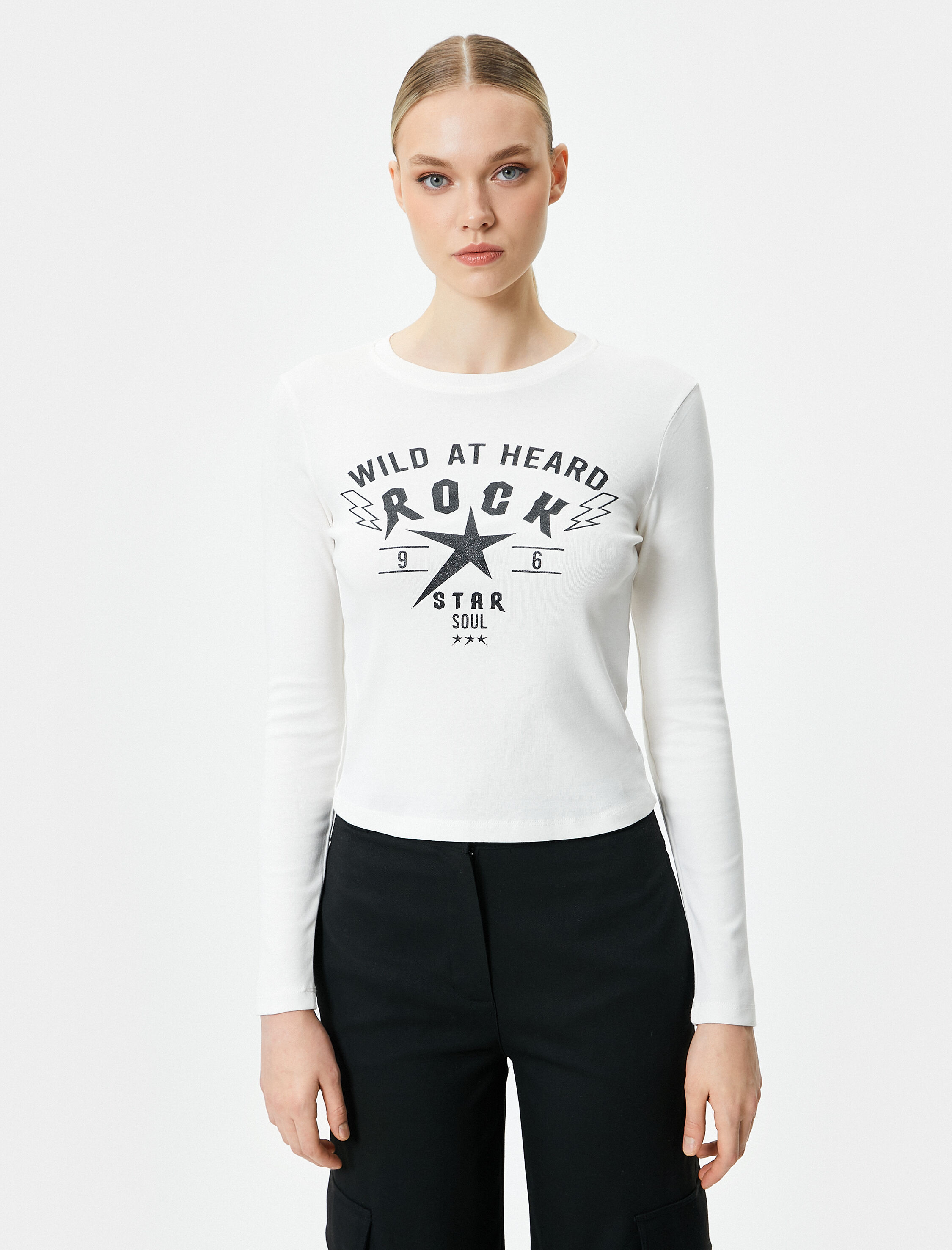   Uzun Kollu Tişört Slogan Baskılı Bisiklet Yaka Pamuklu