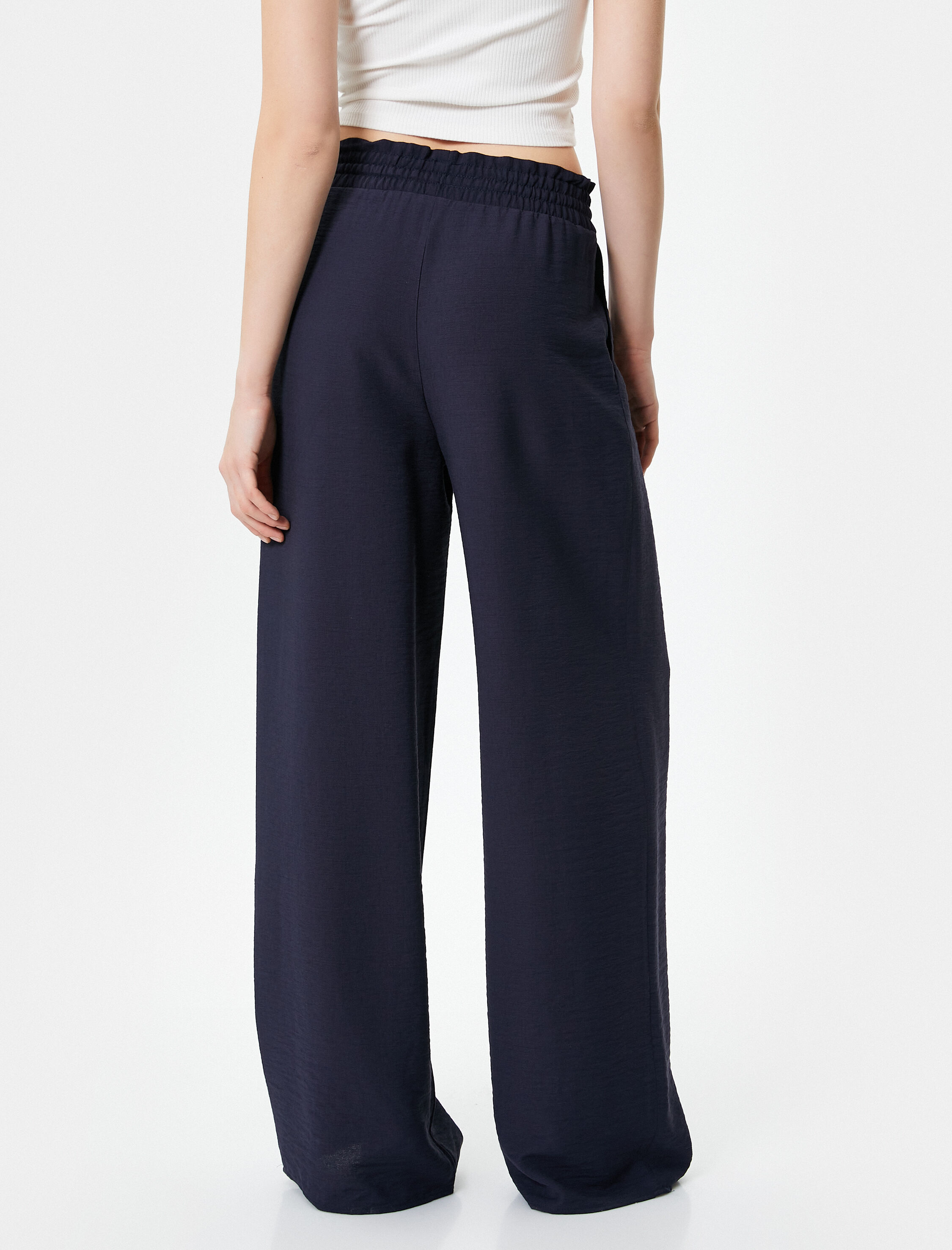   Bol Paça Pantolon Beli Bağcıklı Viskon Cepli Astarsız Yarı Transparan