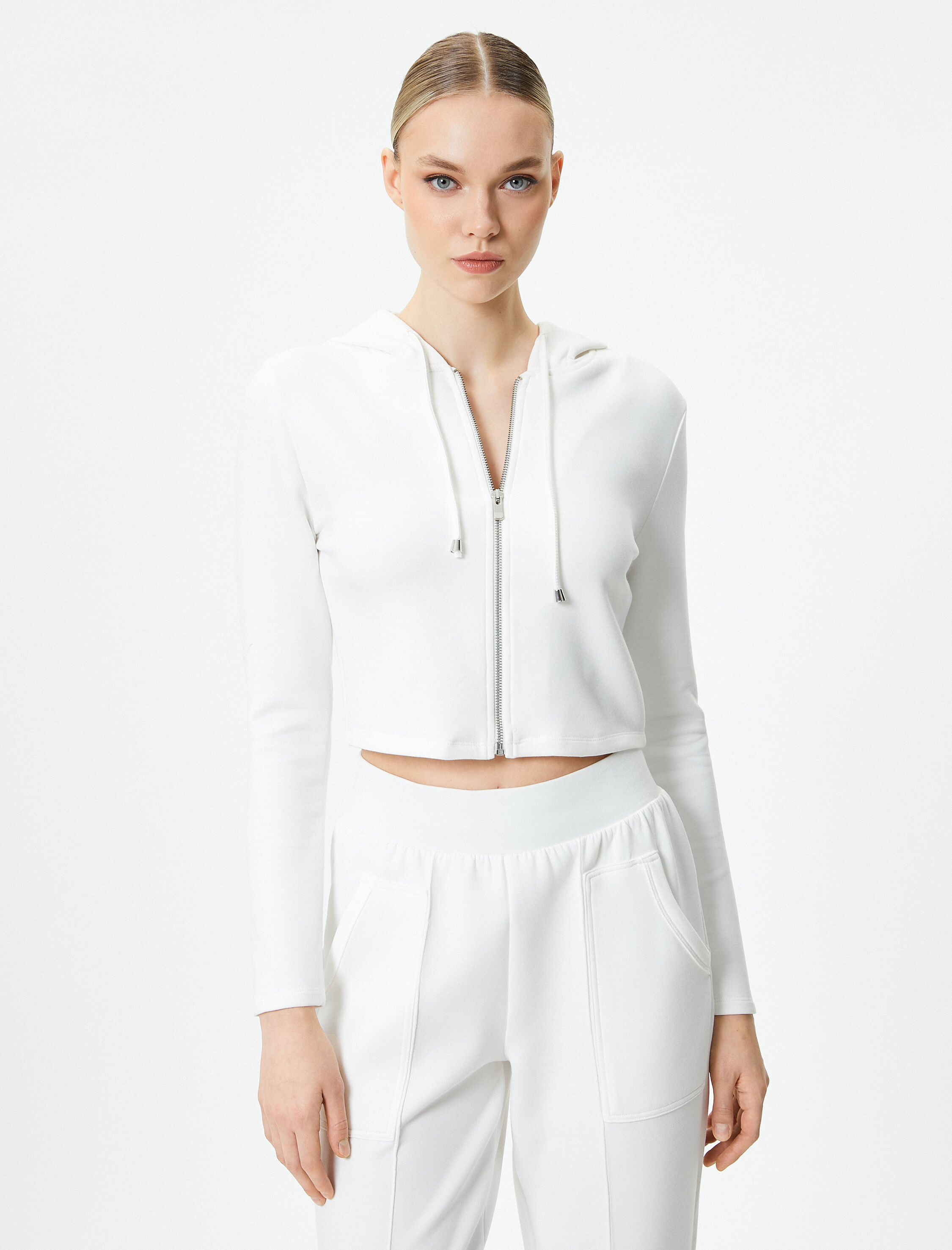   Crop Kapşonlu Sweatshirt Viskoz Kumaş Karışımlı