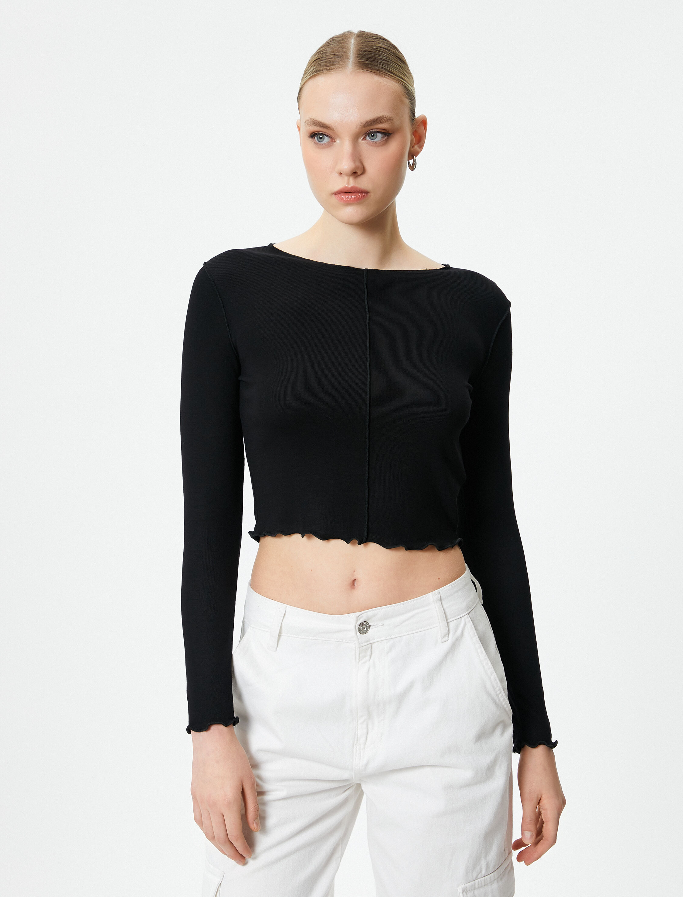   Uzun Kollu Crop Tişört Viskoz Kumaş Bisiklet Yaka Dikiş Detaylı