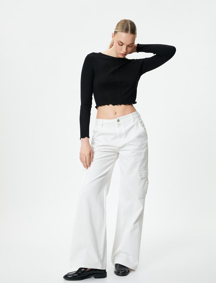  Uzun Kollu Crop Tişört Viskoz Kumaş Bisiklet Yaka Dikiş Detaylı