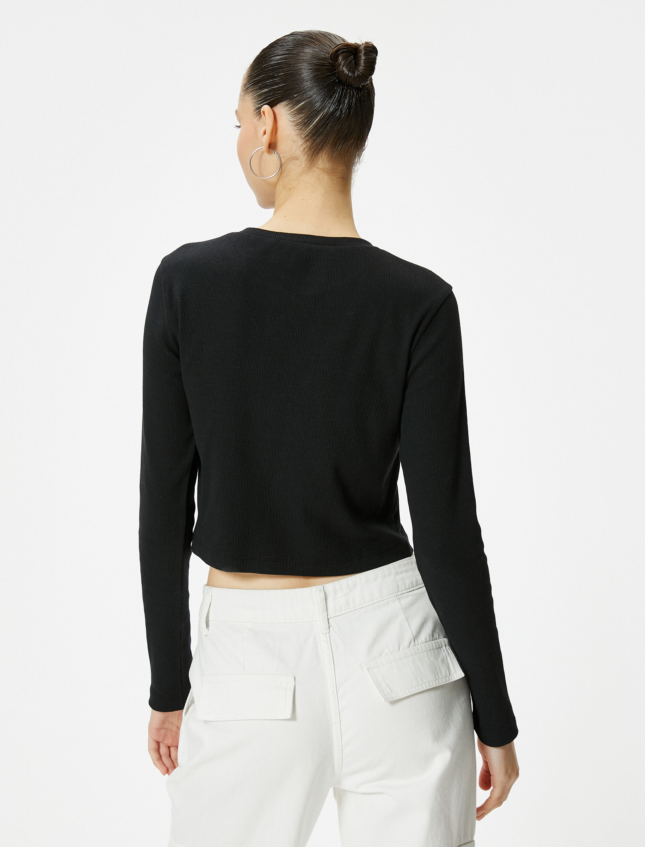   Uzun Kollu Tişört Baskı Detaylı Bisiklet Yaka Pamuklu