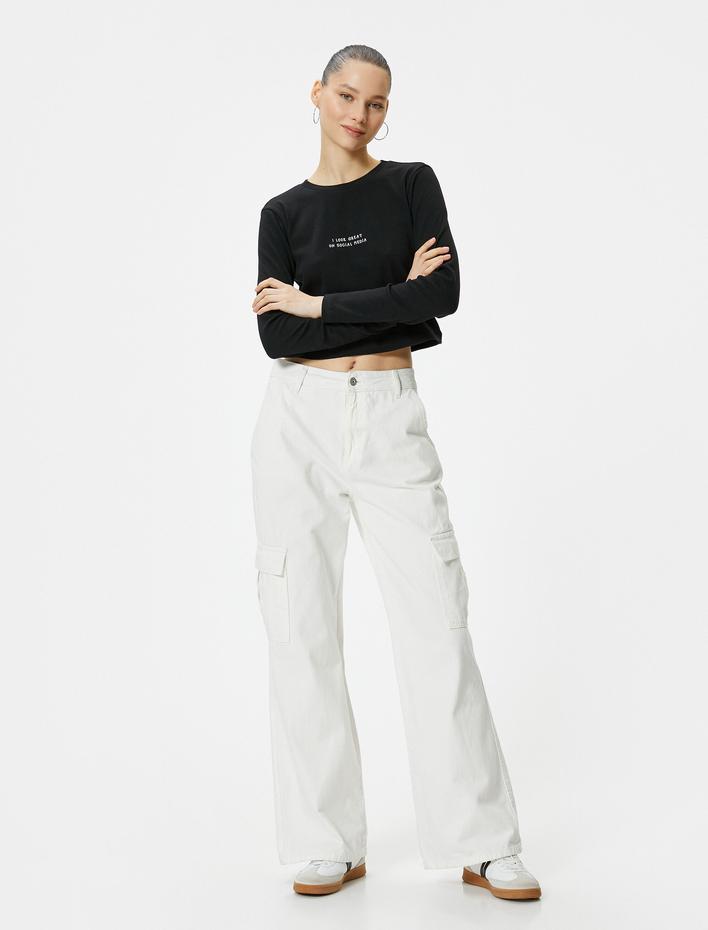  Uzun Kollu Tişört Baskı Detaylı Bisiklet Yaka Pamuklu