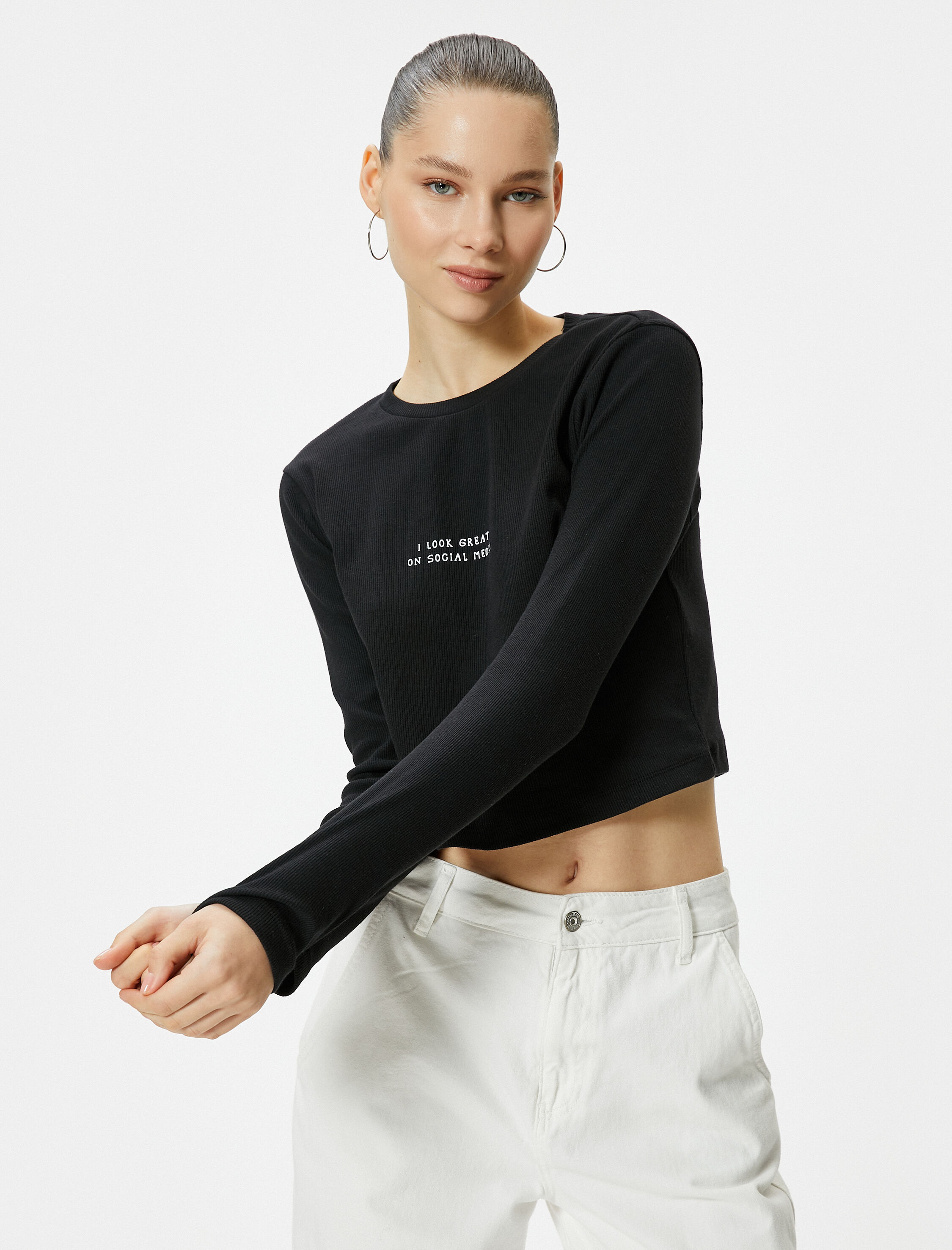   Uzun Kollu Tişört Baskı Detaylı Bisiklet Yaka Pamuklu