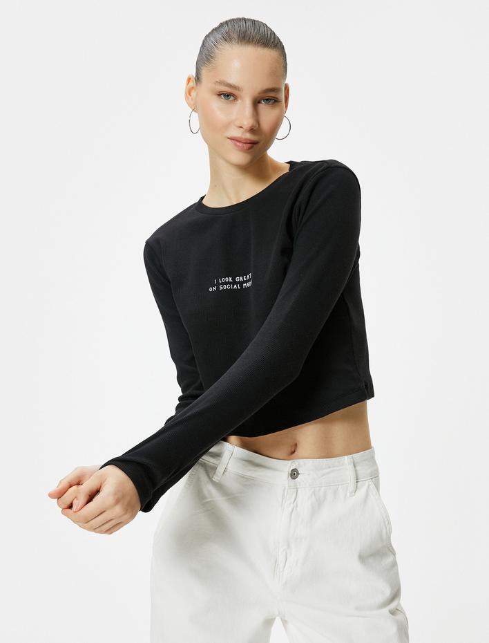  Uzun Kollu Tişört Baskı Detaylı Bisiklet Yaka Pamuklu