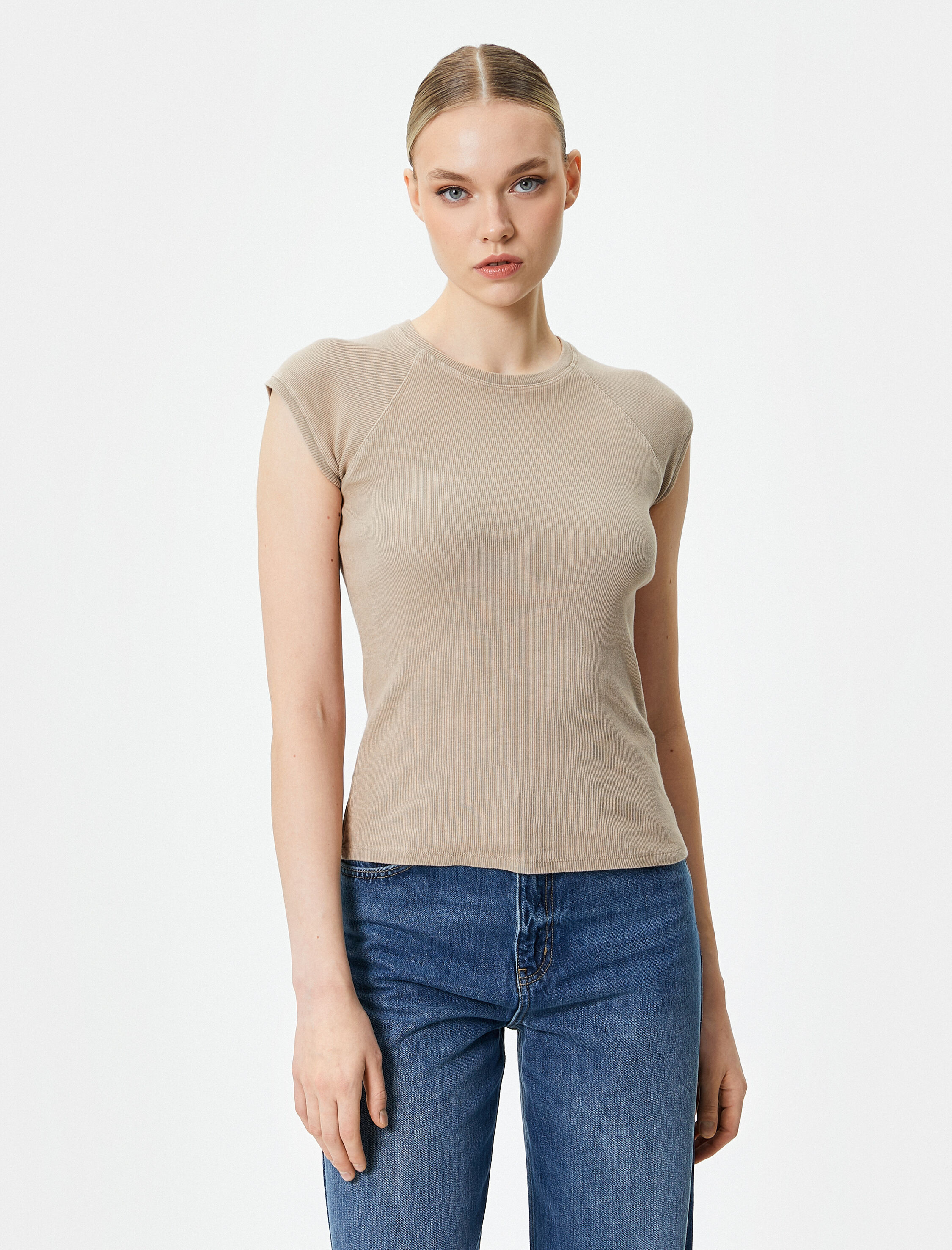   Kap Kol Bisiklet Yaka Tişört Pamuklu Ribanalı Slim Fit