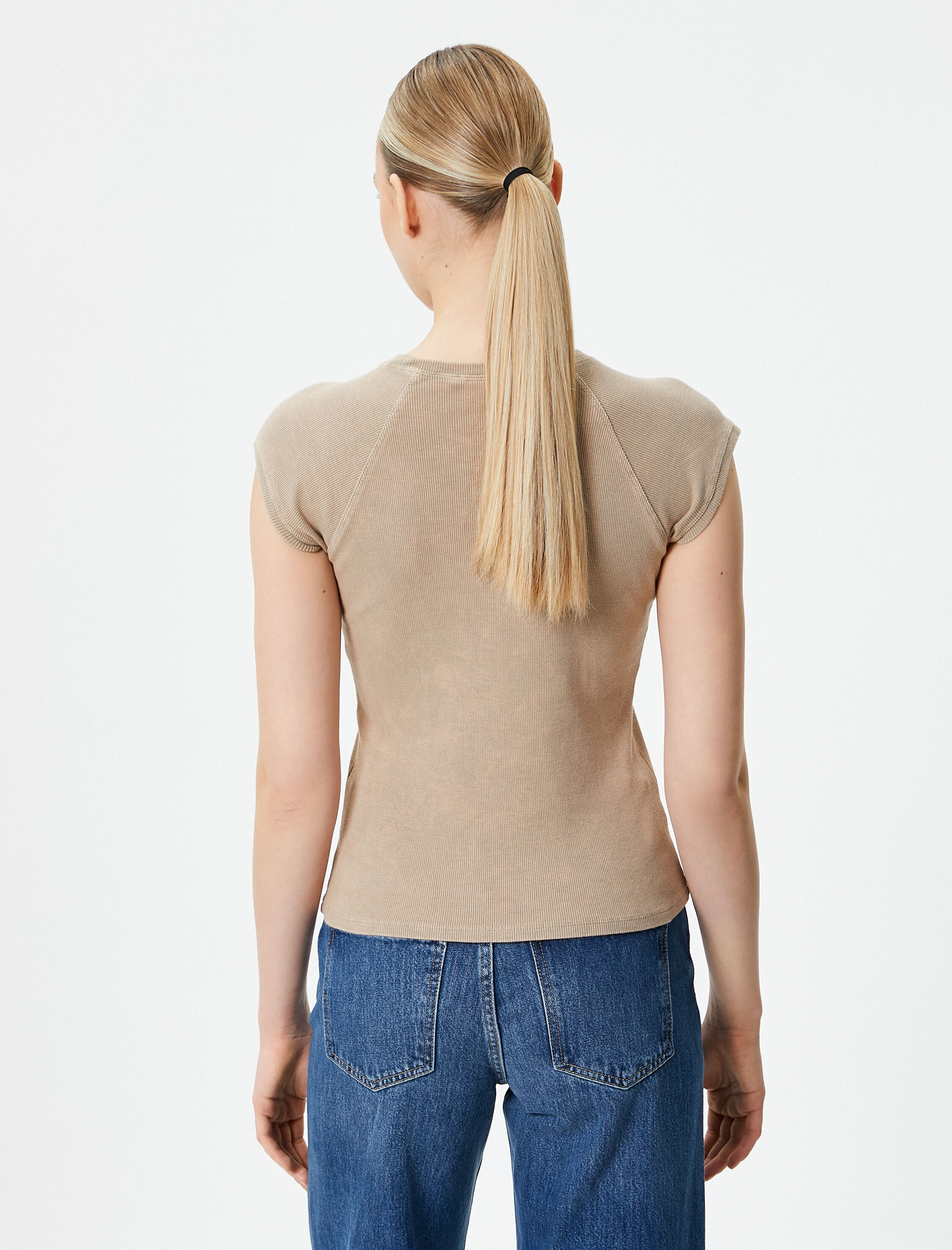   Kap Kol Bisiklet Yaka Tişört Pamuklu Ribanalı Slim Fit