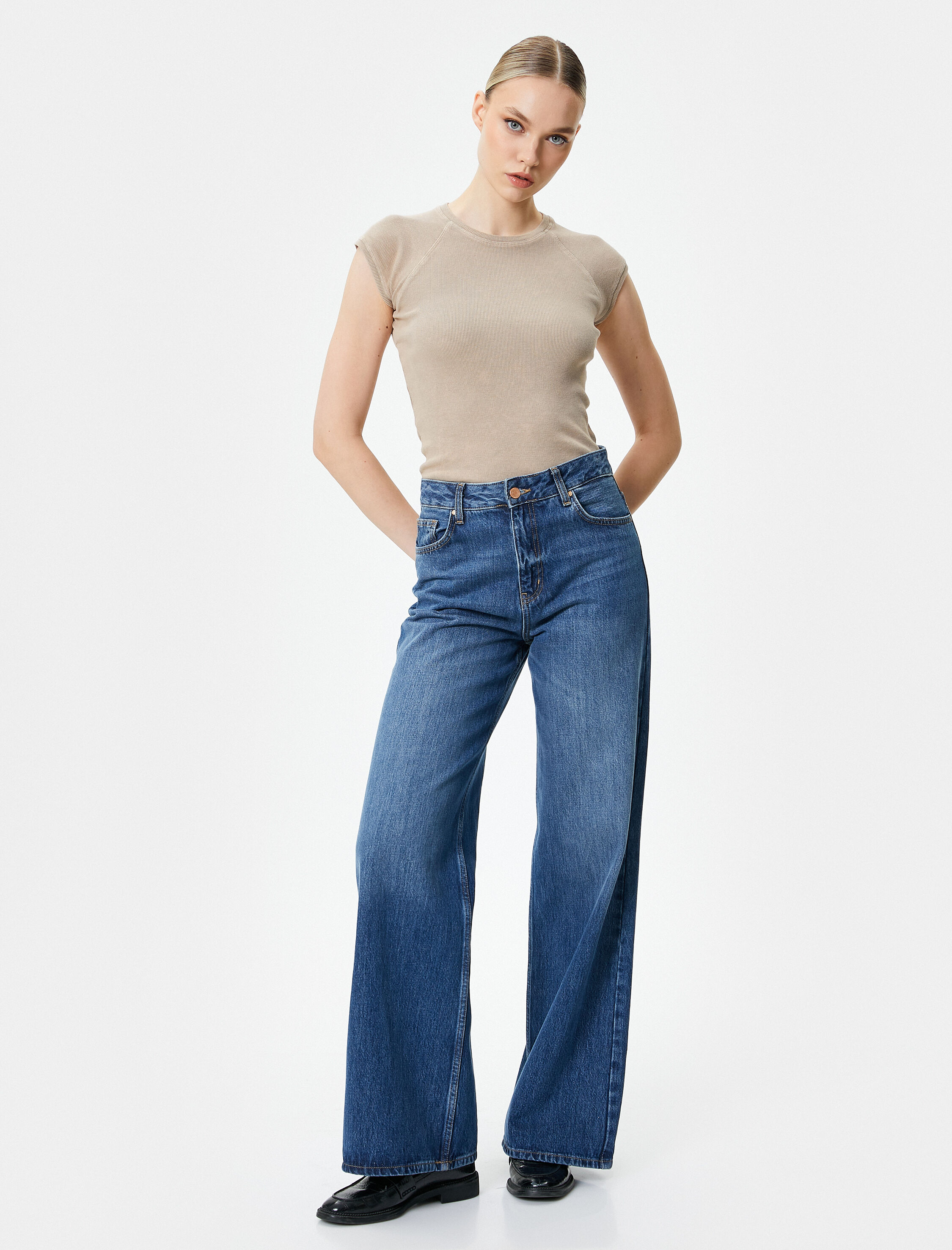   Kap Kol Bisiklet Yaka Tişört Pamuklu Ribanalı Slim Fit