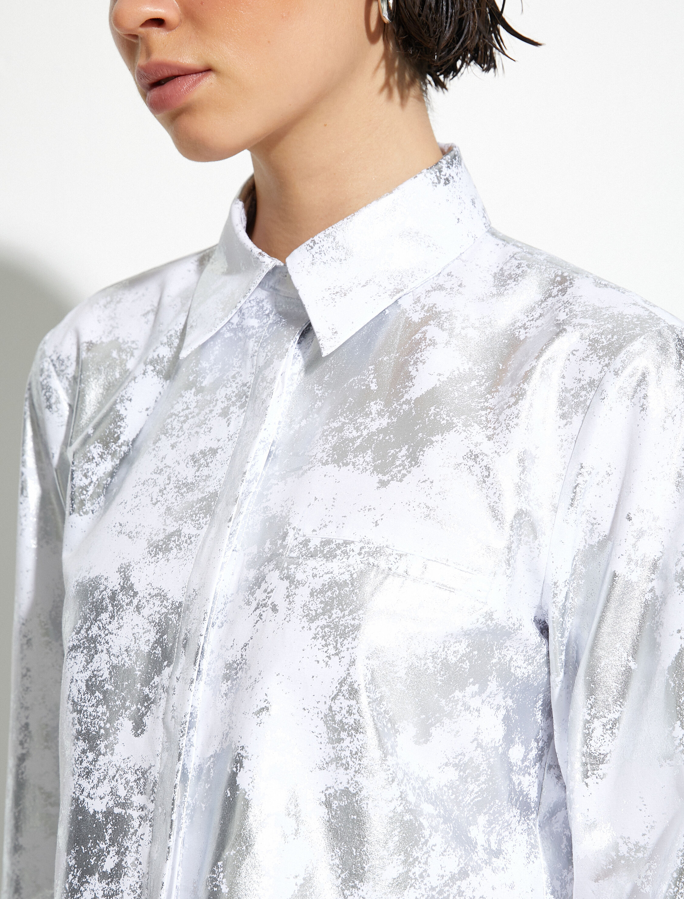   Metalik Crop Poplin Gömlek Uzun Kollu Klasik Yaka