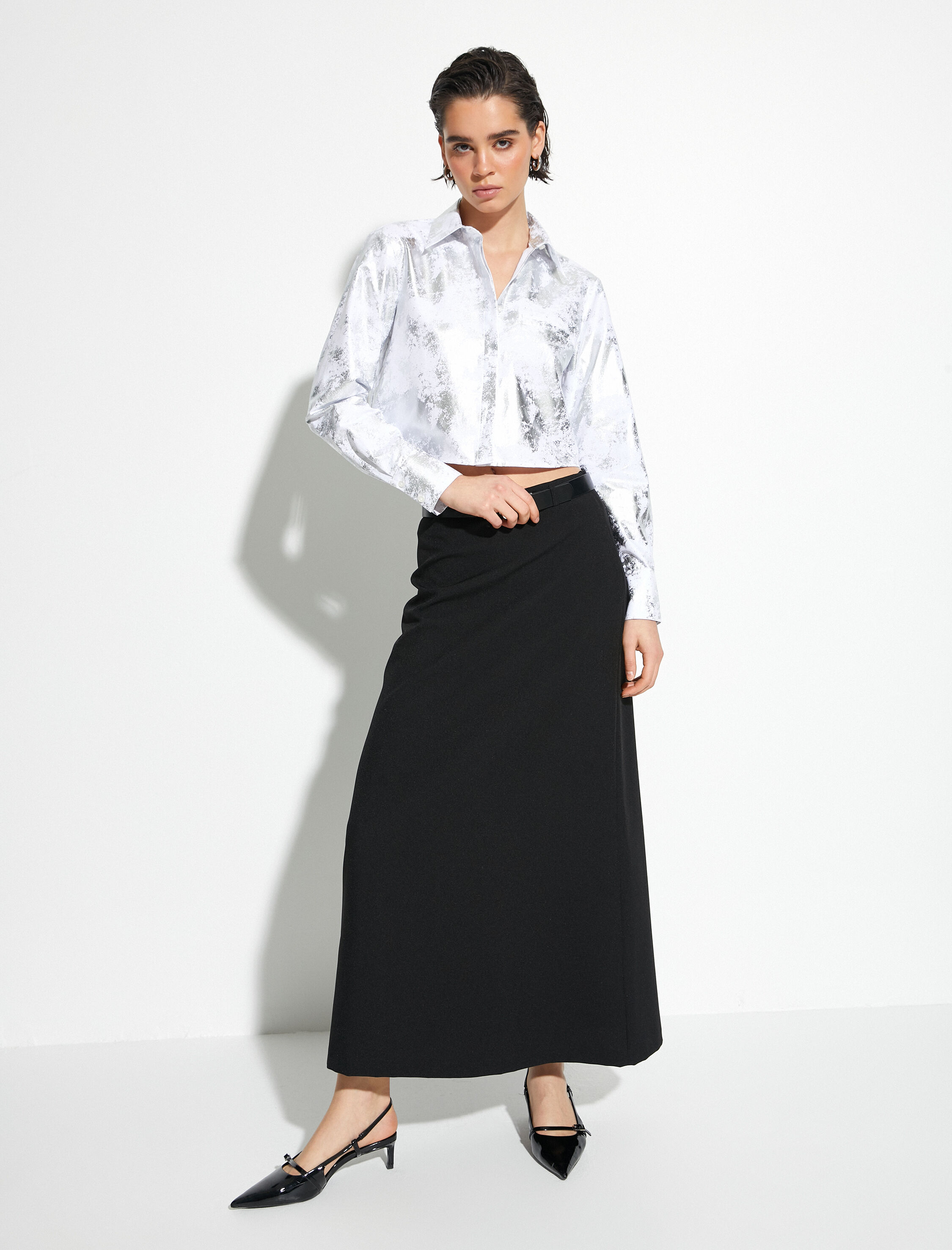   Metalik Crop Poplin Gömlek Uzun Kollu Klasik Yaka