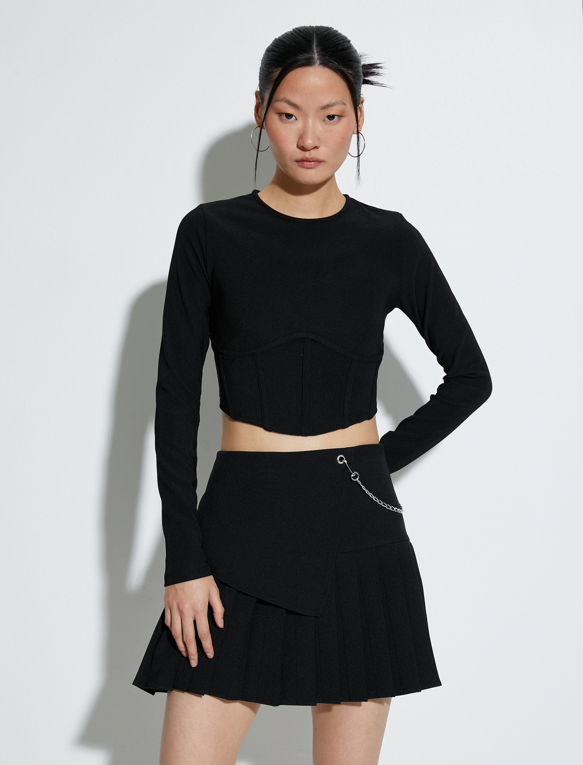 Crop Body Uzun Kollu Korse Detaylı Bisiklet Yaka