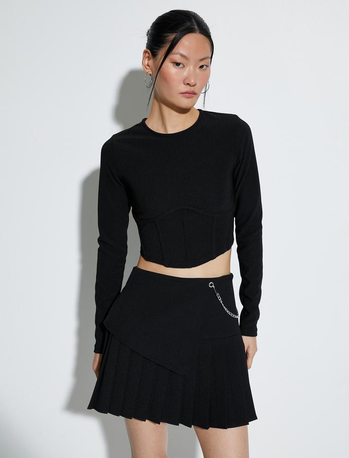  Crop Body Uzun Kollu Korse Detaylı Bisiklet Yaka