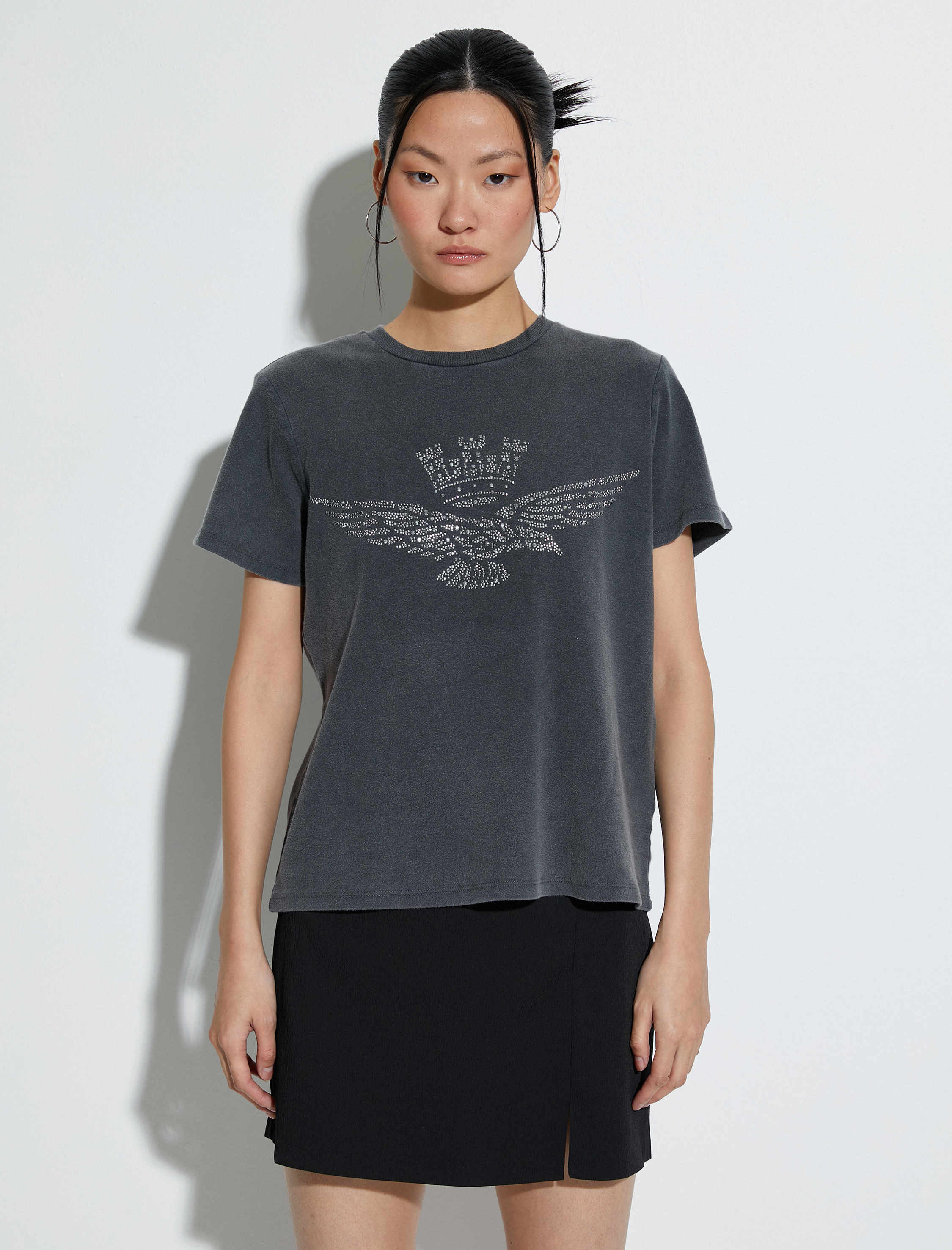   Kısa Kollu Tişört Parlak Taşlı Bisiklet Yaka Pamuklu