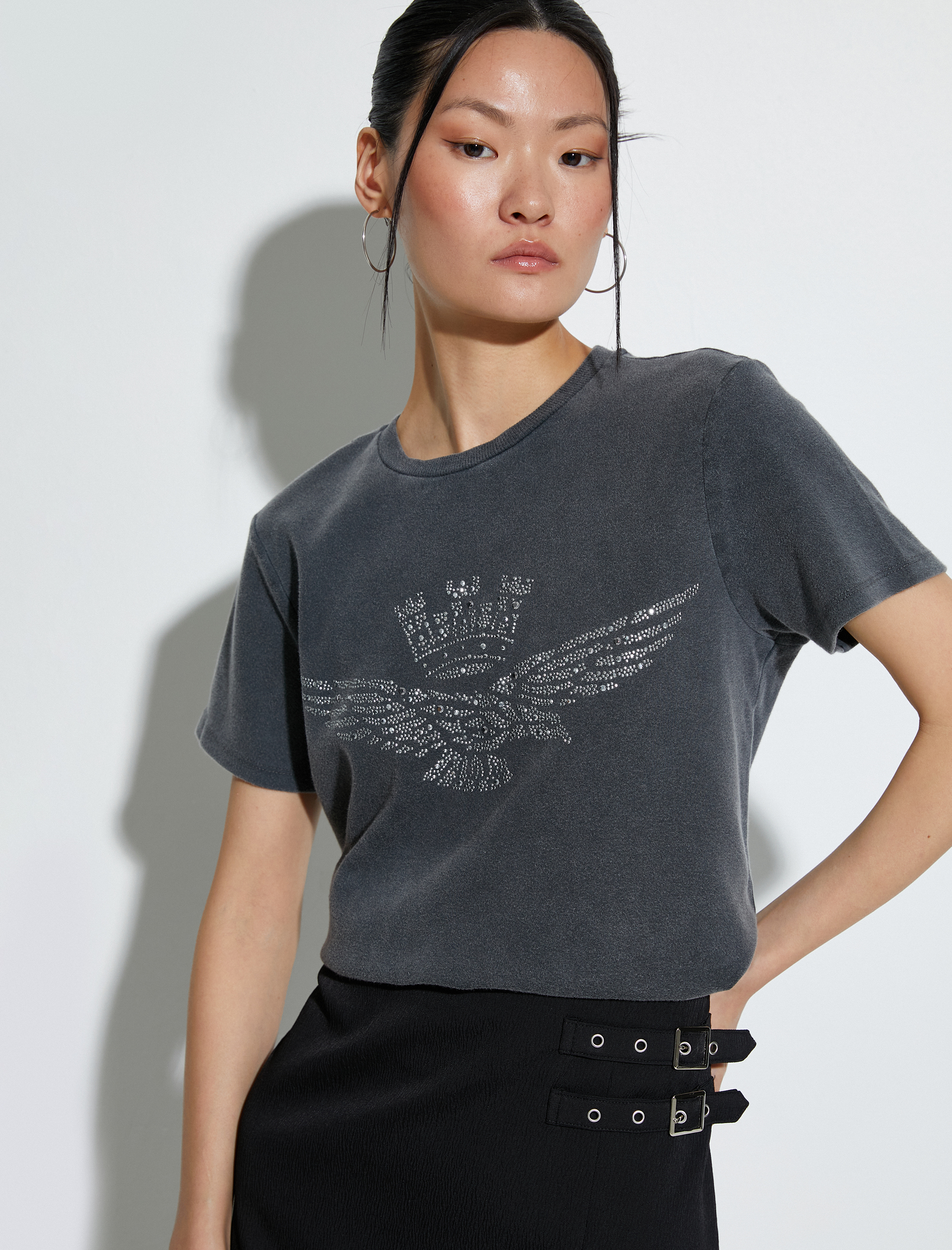   Kısa Kollu Tişört Parlak Taşlı Bisiklet Yaka Pamuklu