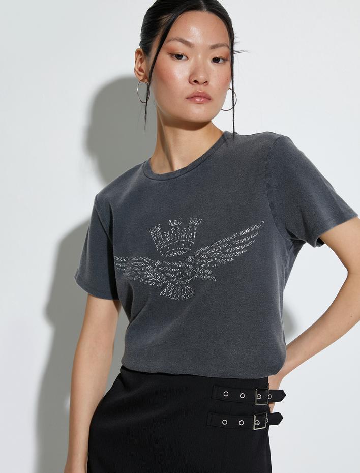  Kısa Kollu Tişört Parlak Taşlı Bisiklet Yaka Pamuklu