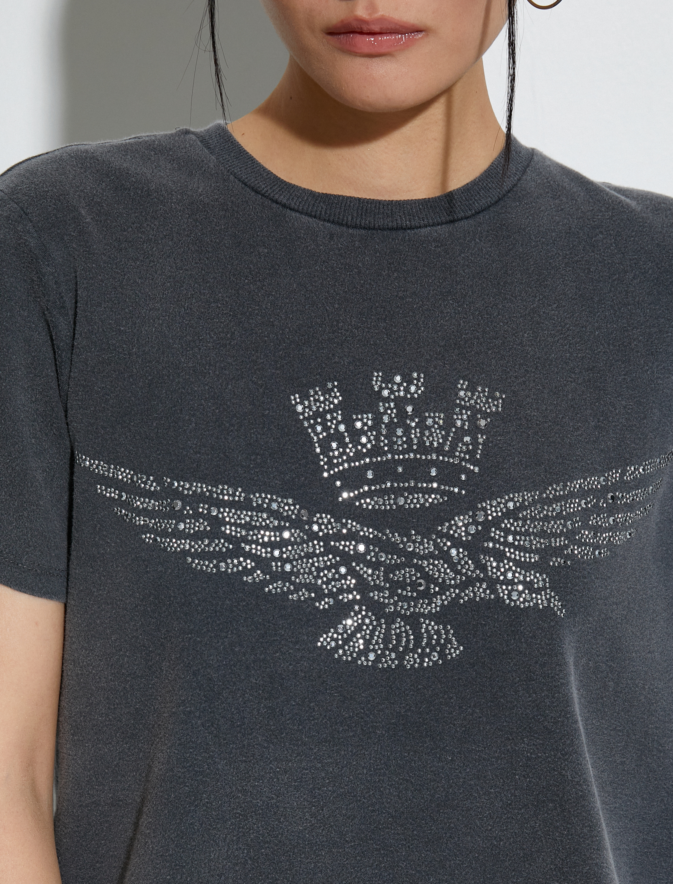   Kısa Kollu Tişört Parlak Taşlı Bisiklet Yaka Pamuklu