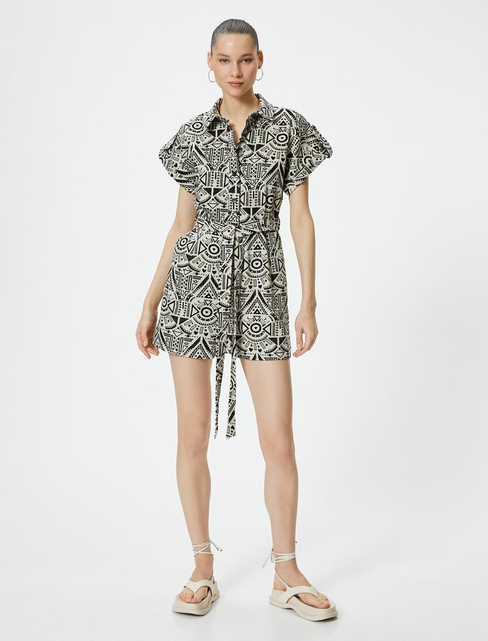  Şort Tulum Kısa Kollu Düğmeli Etnik Desenli Beli Kuşaklı Pamuklu