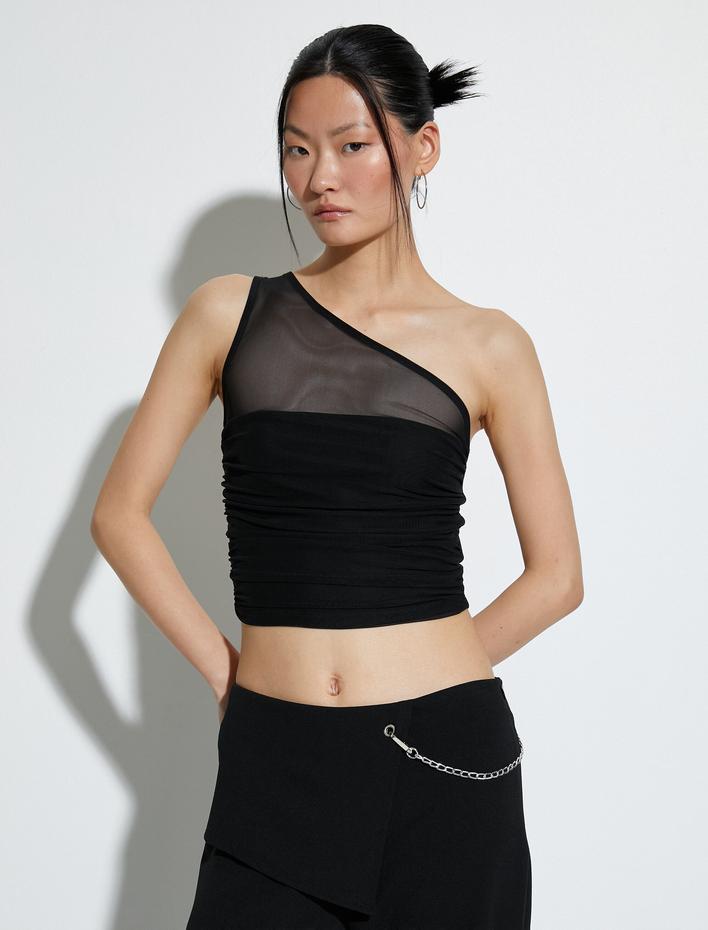  Tek Omuz Crop Üst Tül Detaylı Drapeli