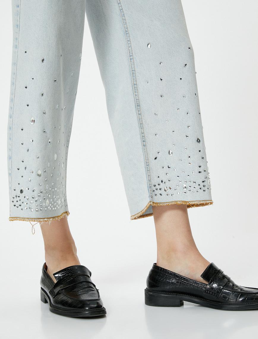  Taşlı Kot Pantolon Geniş Kısa Paça Standart Bel Cepli Pamuklu - Bianca Crop Jean