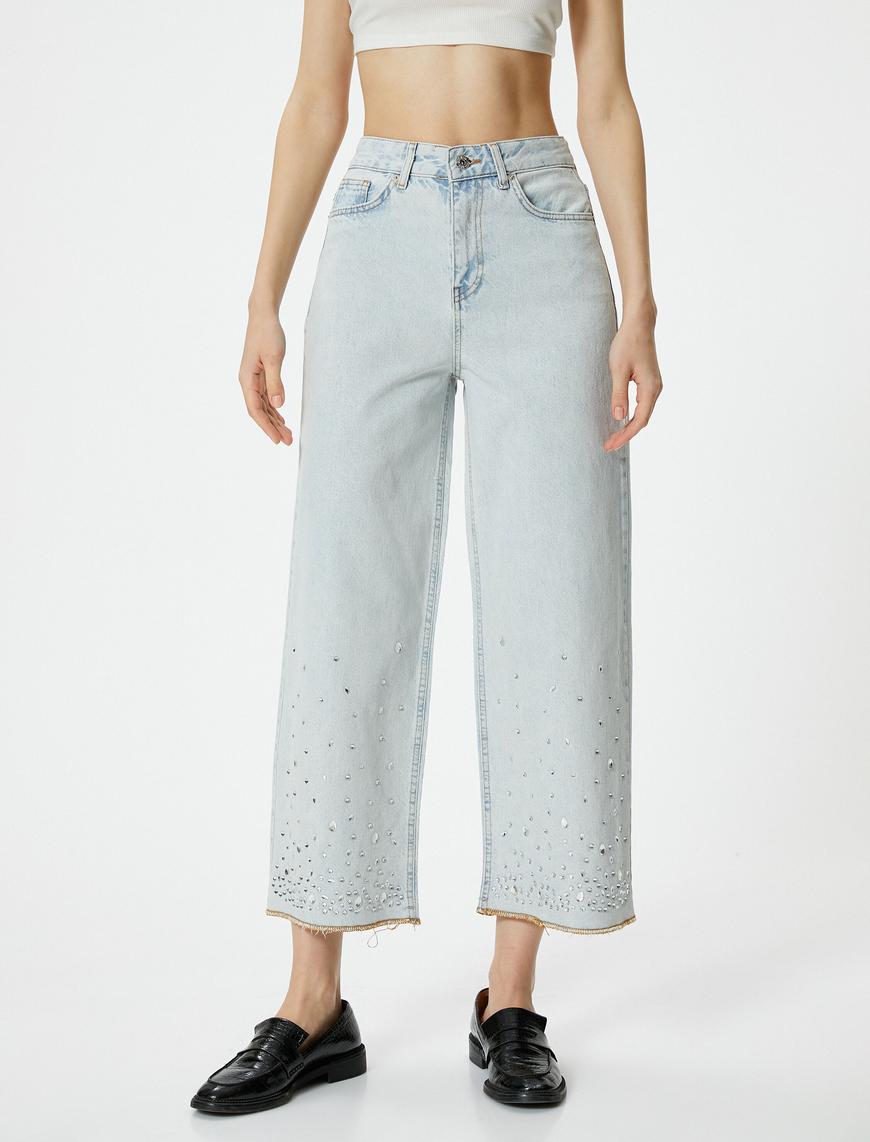   Taşlı Kot Pantolon Geniş Kısa Paça Standart Bel Cepli Pamuklu - Bianca Crop Jean