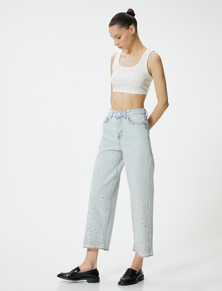  Taşlı Kot Pantolon Geniş Kısa Paça Standart Bel Cepli Pamuklu - Bianca Crop Jean