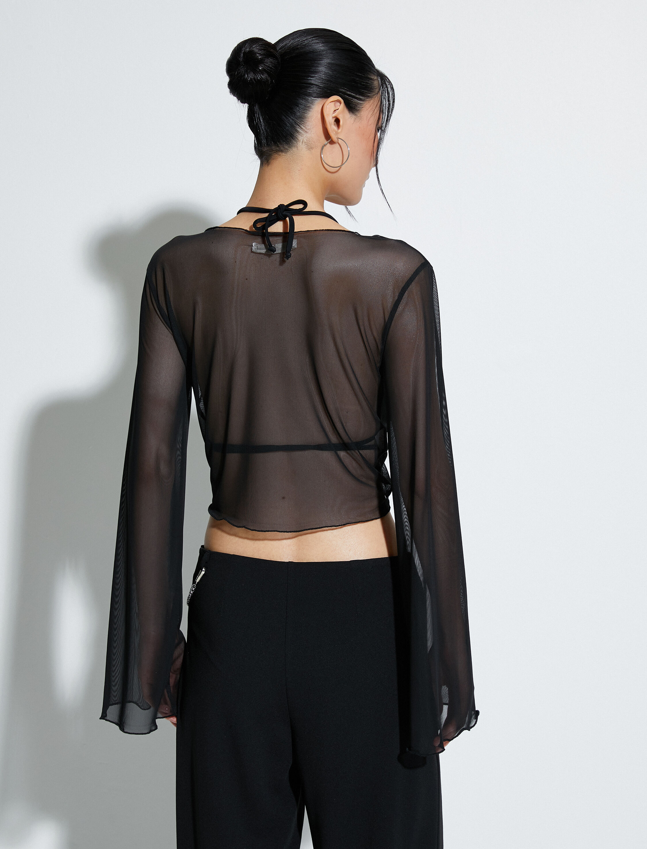 Tül Crop Bluz Önden Bağlamalı Uzun Geniş Kollu