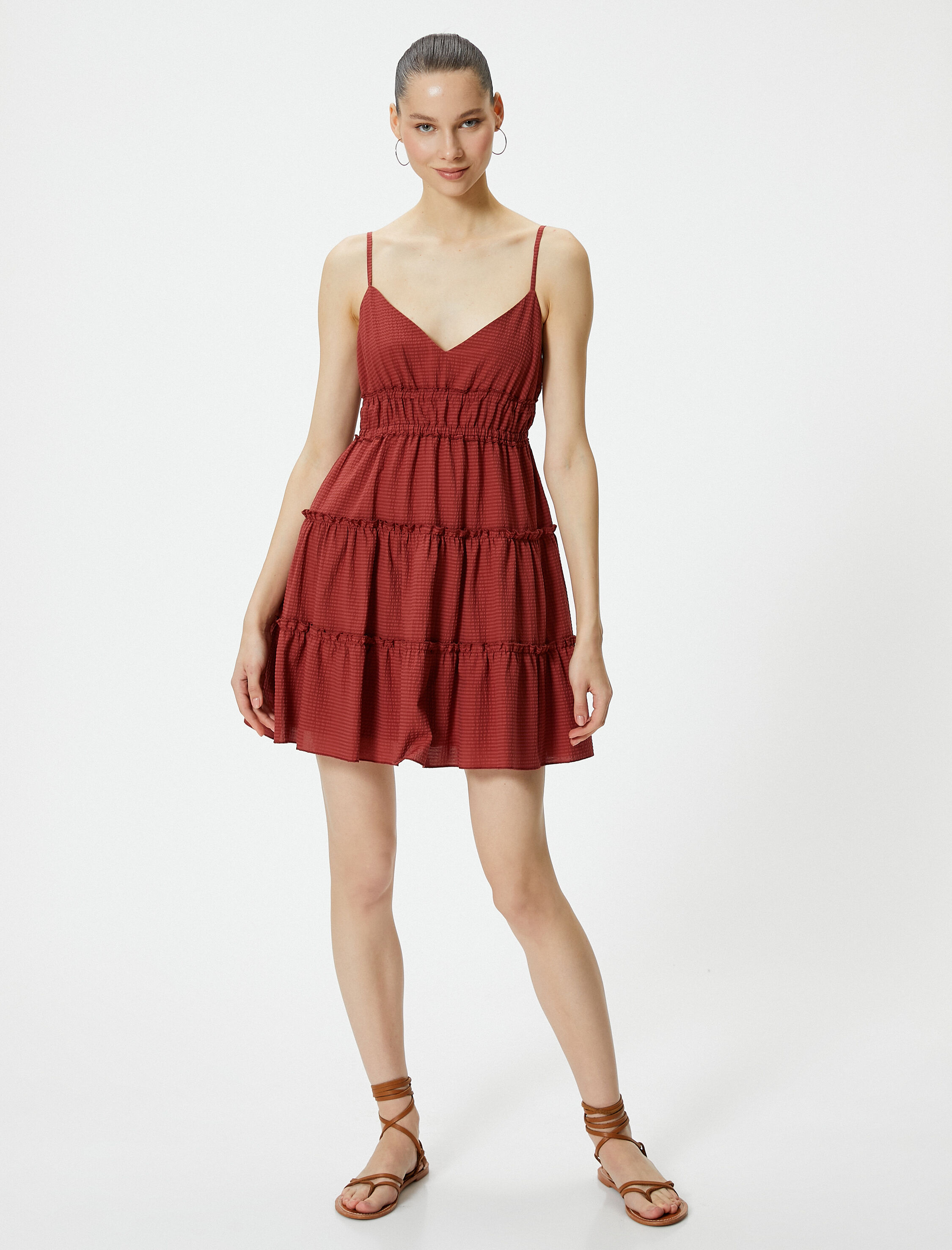   Askılı Mini Elbise Astarlı Katlı Büzgülü V Yaka