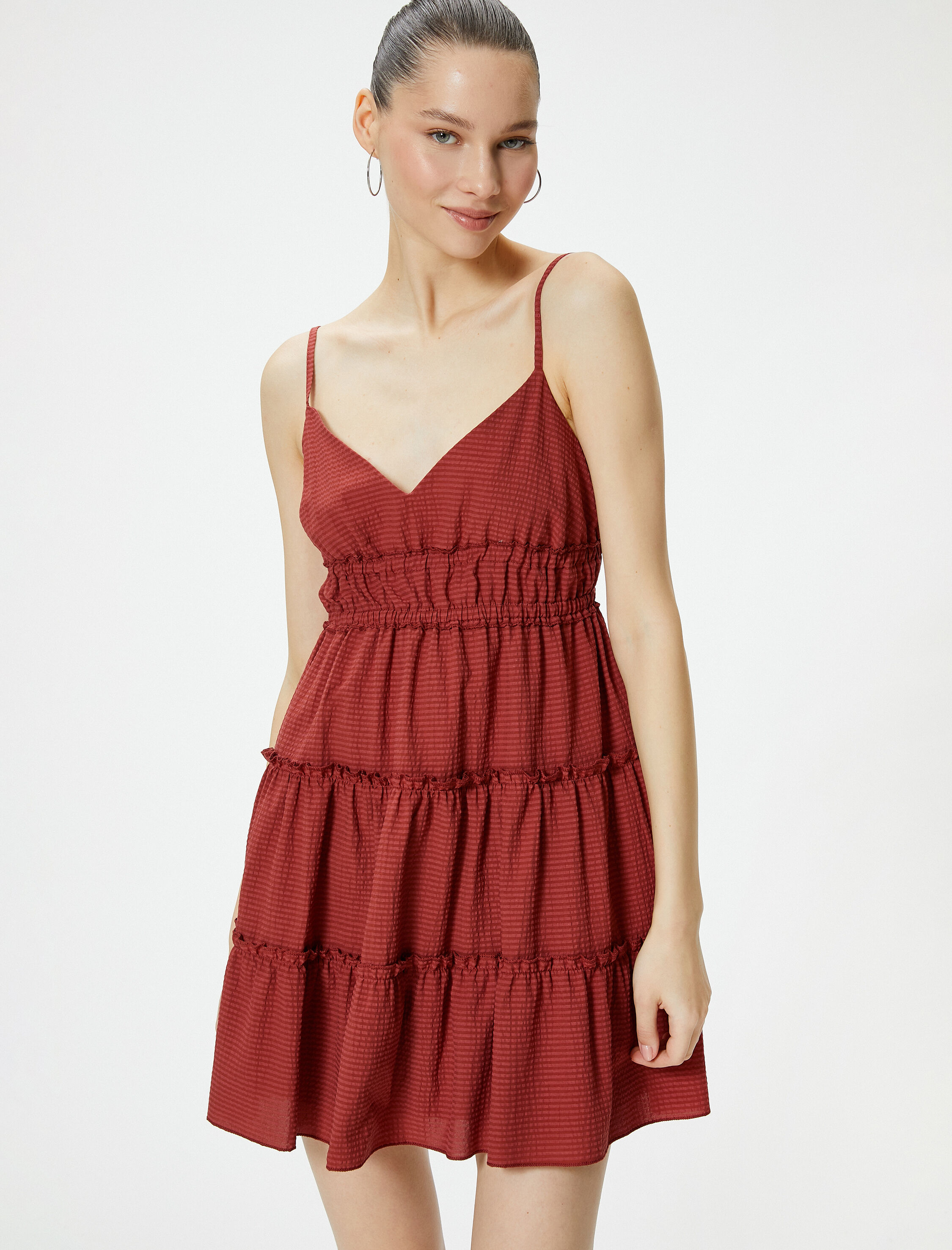   Askılı Mini Elbise Astarlı Katlı Büzgülü V Yaka