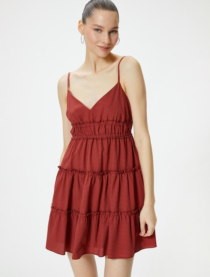  Askılı Mini Elbise Astarlı Katlı Büzgülü V Yaka