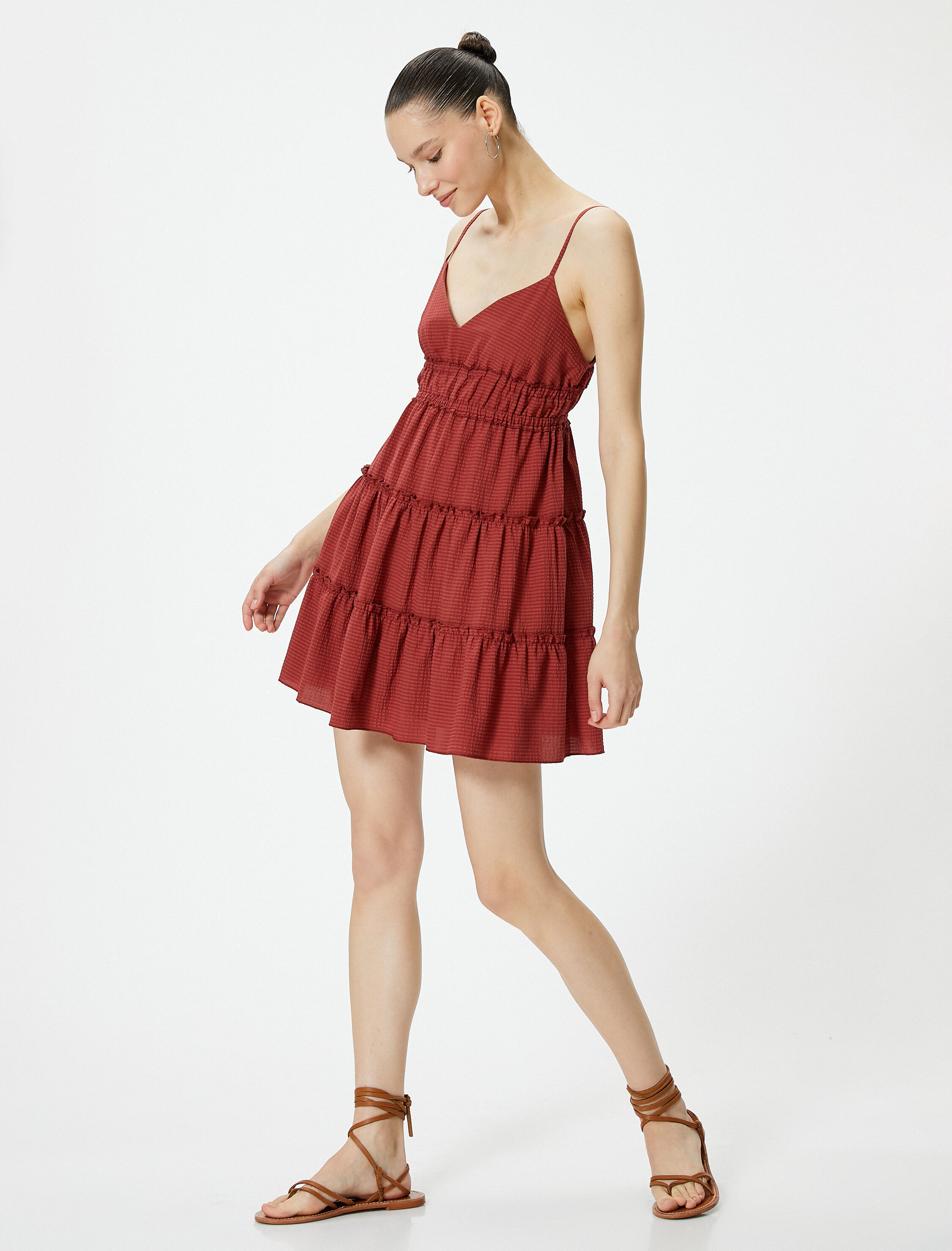   Askılı Mini Elbise Astarlı Katlı Büzgülü V Yaka