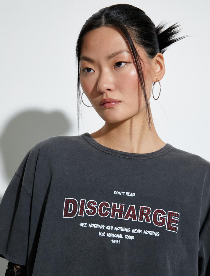  Slogan Baskılı Tişört Kısa Kollu Bisiklet Yaka Pamuklu