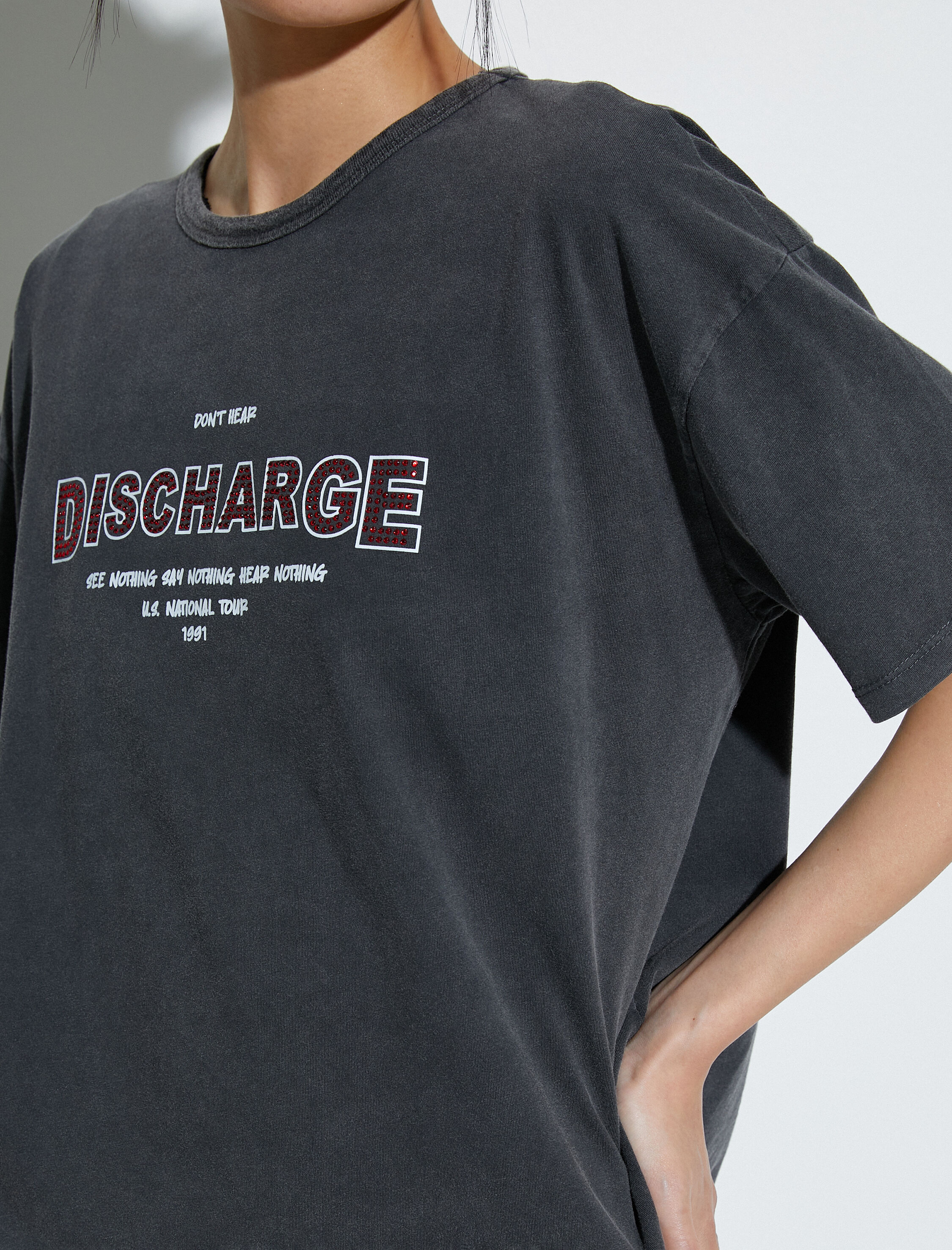   Slogan Baskılı Tişört Kısa Kollu Bisiklet Yaka Pamuklu