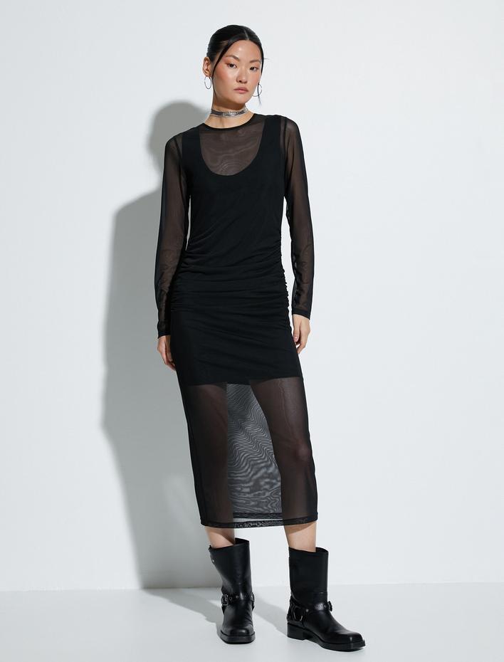  Transparan Elbise Slim Fit Uzun Kolu