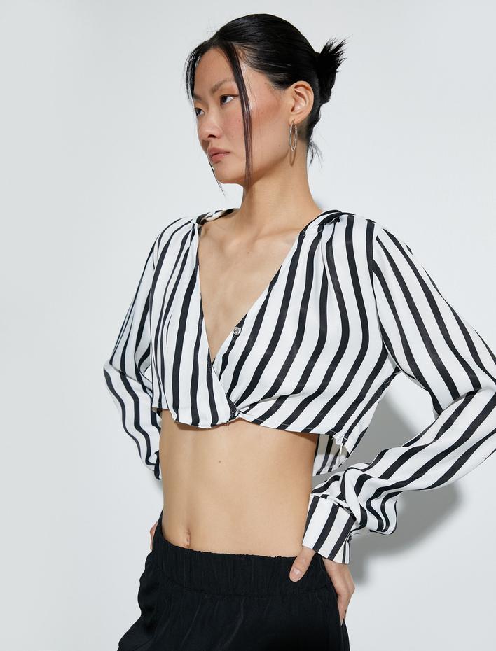  Kapşonlu Crop Bluz V Yaka