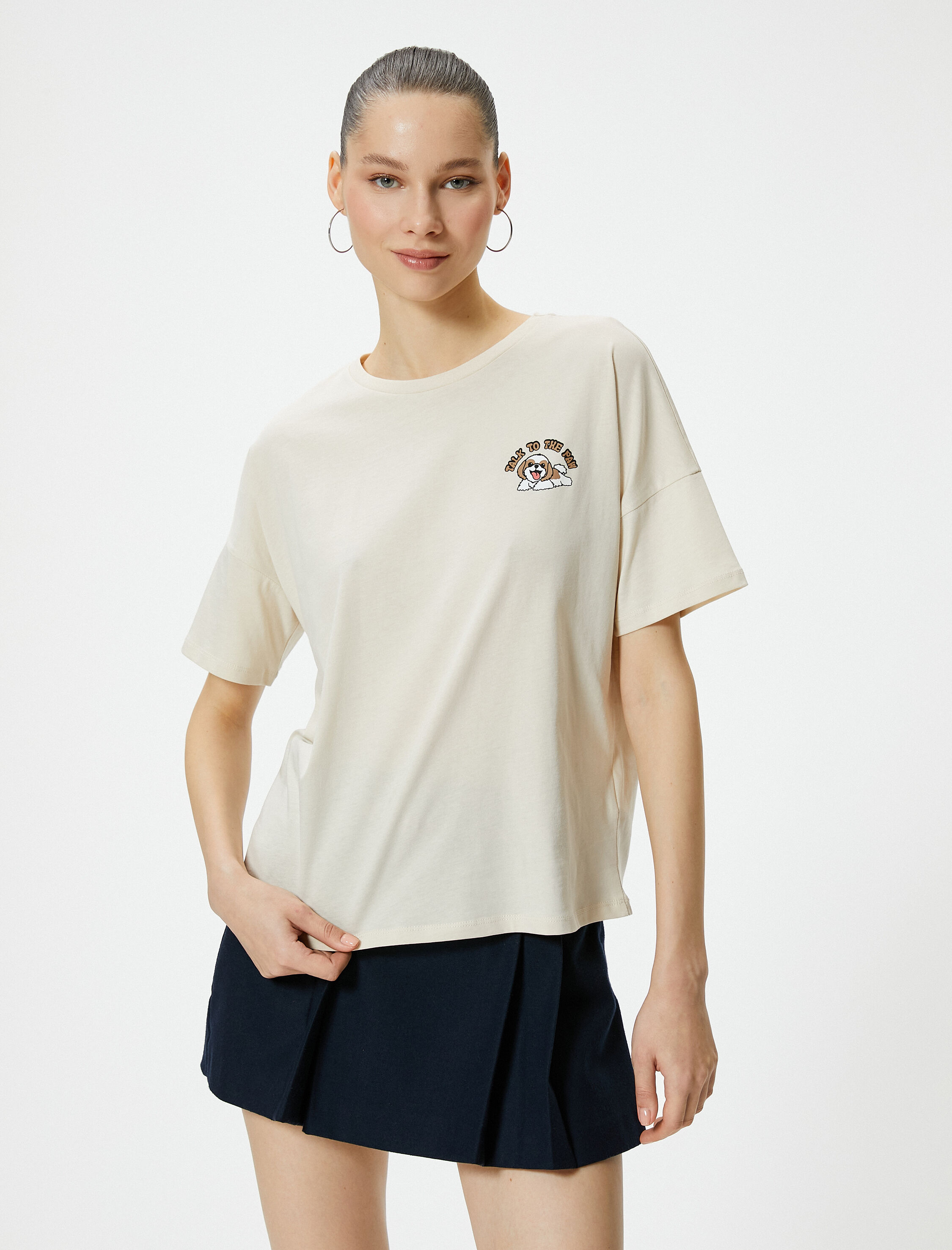   Kısa Kollu Tişört Köpek Baskı Detaylı Bisiklet Yaka Pamuklu