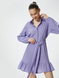 Mini Gömlek Elbise Uzun Kollu Kemer Detaylı Dokulu Viskoz Kumaş Karışımlı