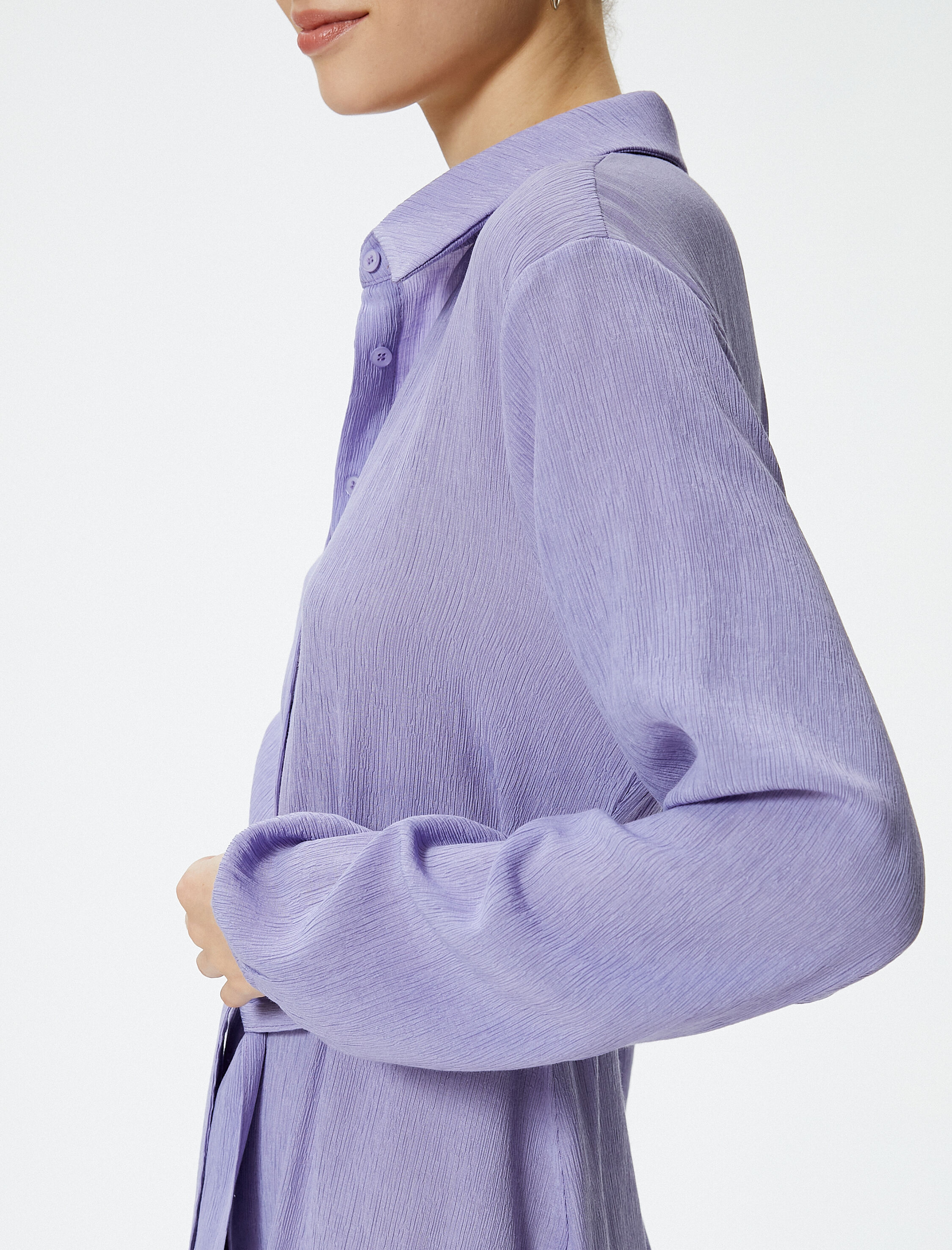   Mini Gömlek Elbise Uzun Kollu Kemer Detaylı Dokulu Viskoz Kumaş Karışımlı