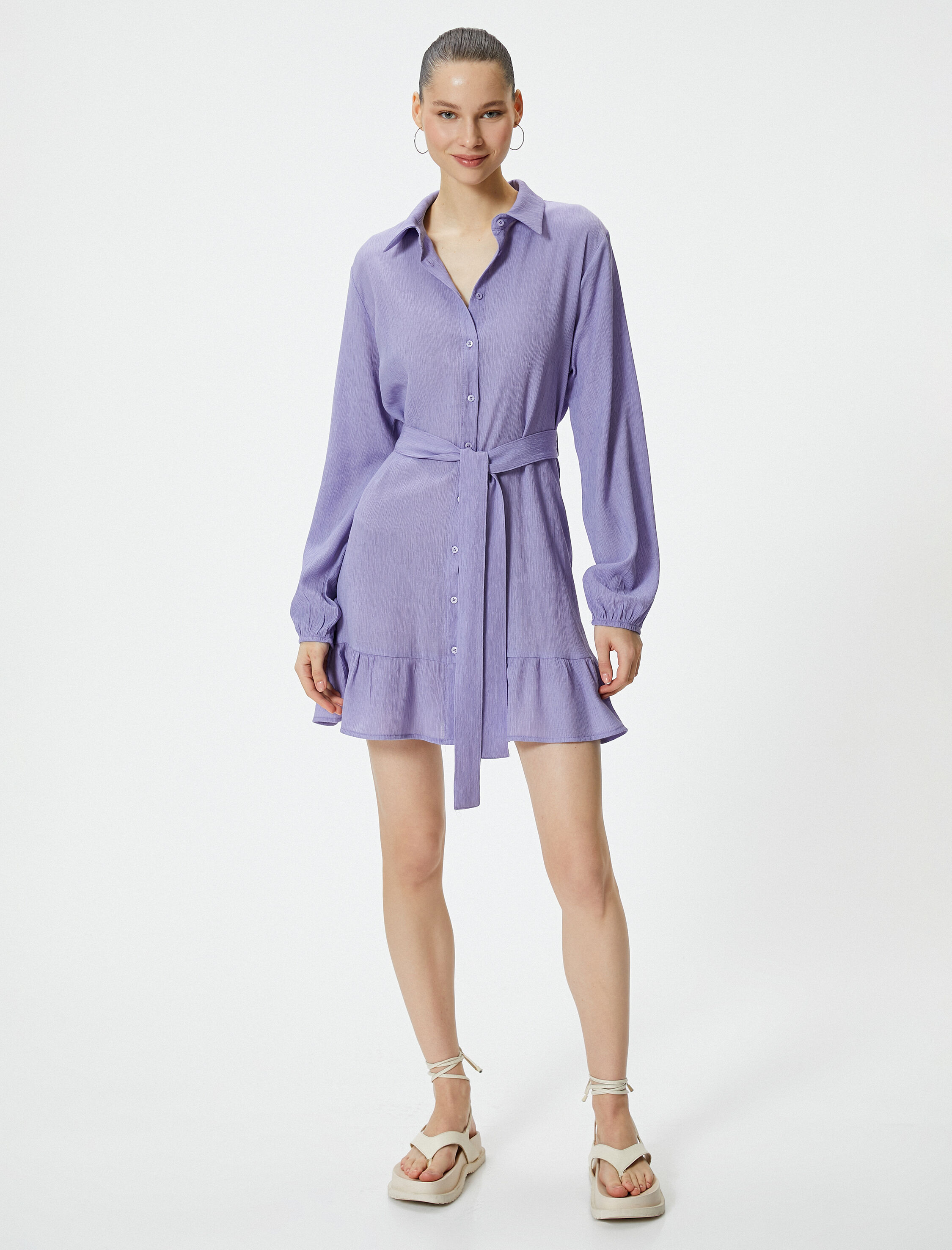   Mini Gömlek Elbise Uzun Kollu Kemer Detaylı Dokulu Viskoz Kumaş Karışımlı