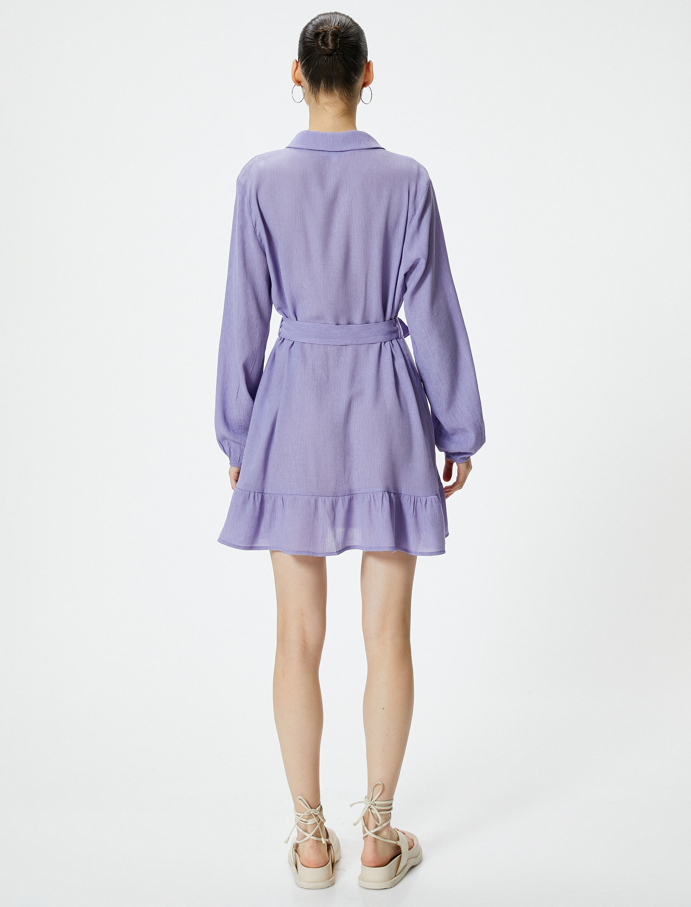   Mini Gömlek Elbise Uzun Kollu Kemer Detaylı Dokulu Viskoz Kumaş Karışımlı