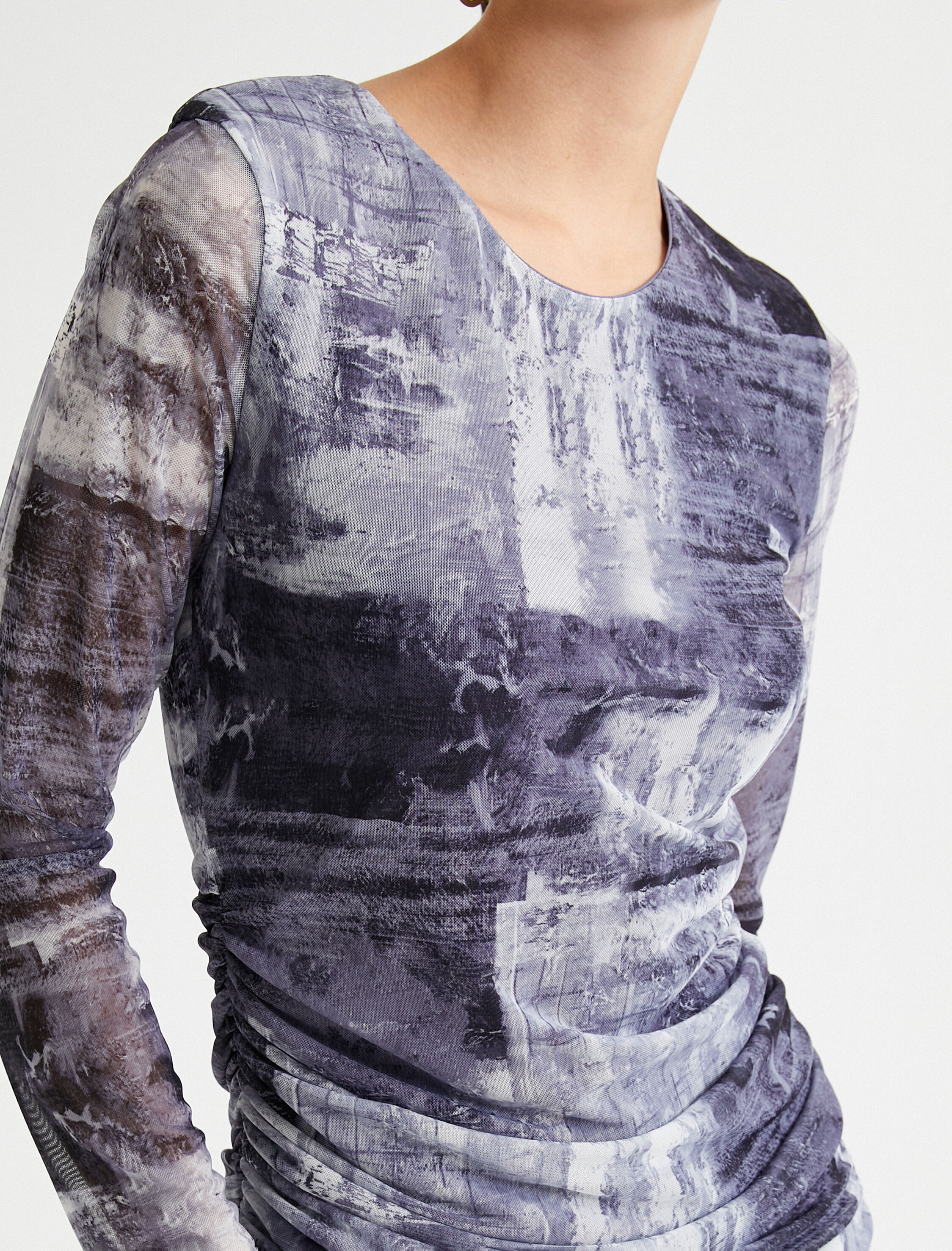   Tül Kalem Elbise Midi Boy Soyut Desenli Uzun Kollu Yuvarlak Yaka Astarlı Drape Detaylı