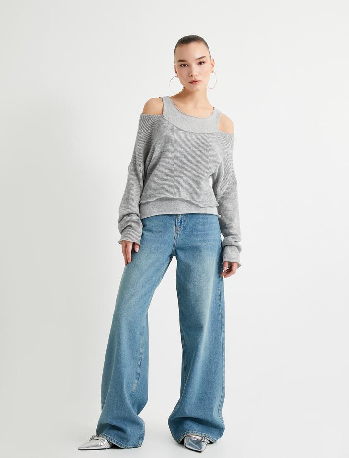  İnce Triko Kazak Çift Katmanlı Omuzları Açık Yuvarlak Yaka Uzun Kollu