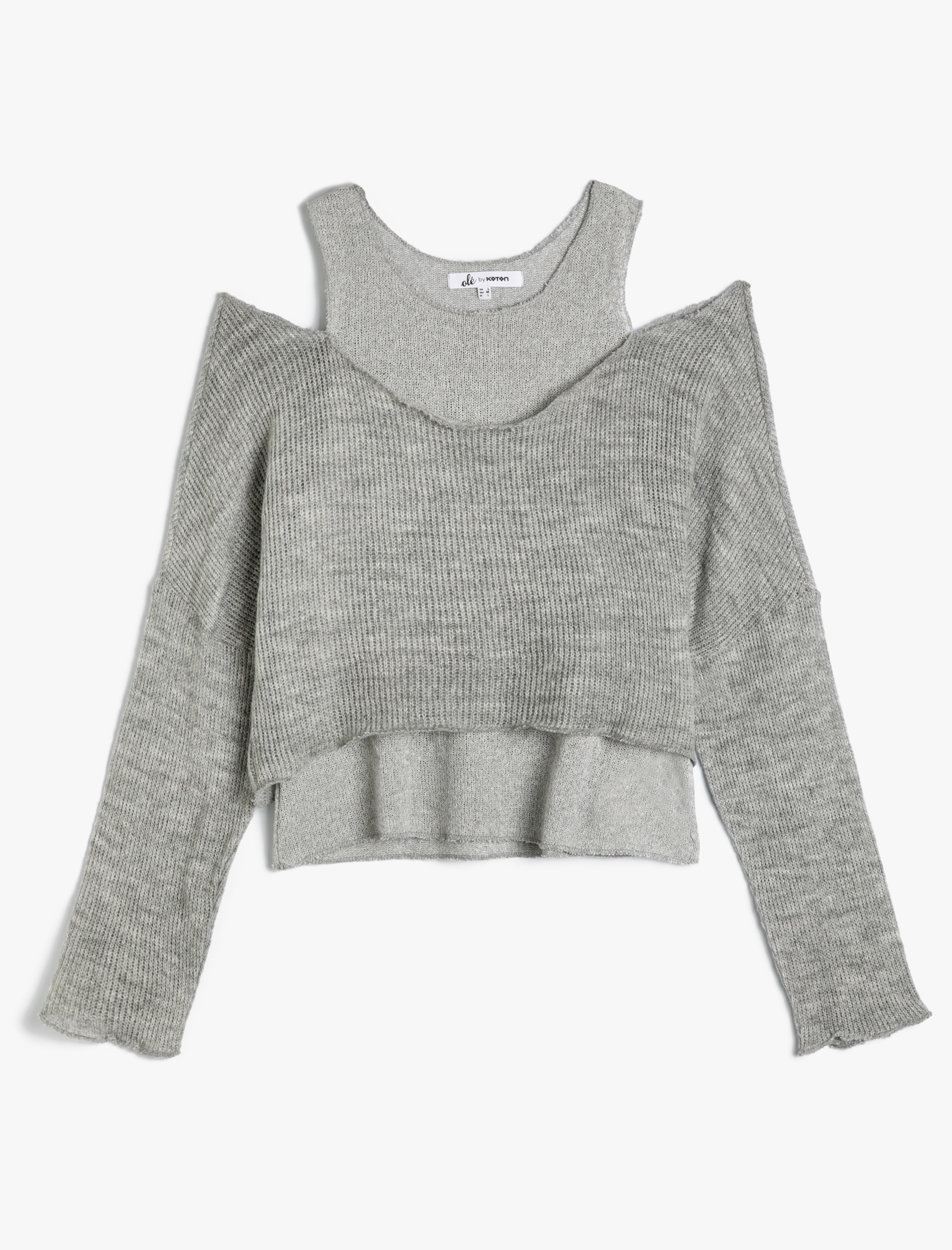   İnce Triko Kazak Çift Katmanlı Omuzları Açık Yuvarlak Yaka Uzun Kollu