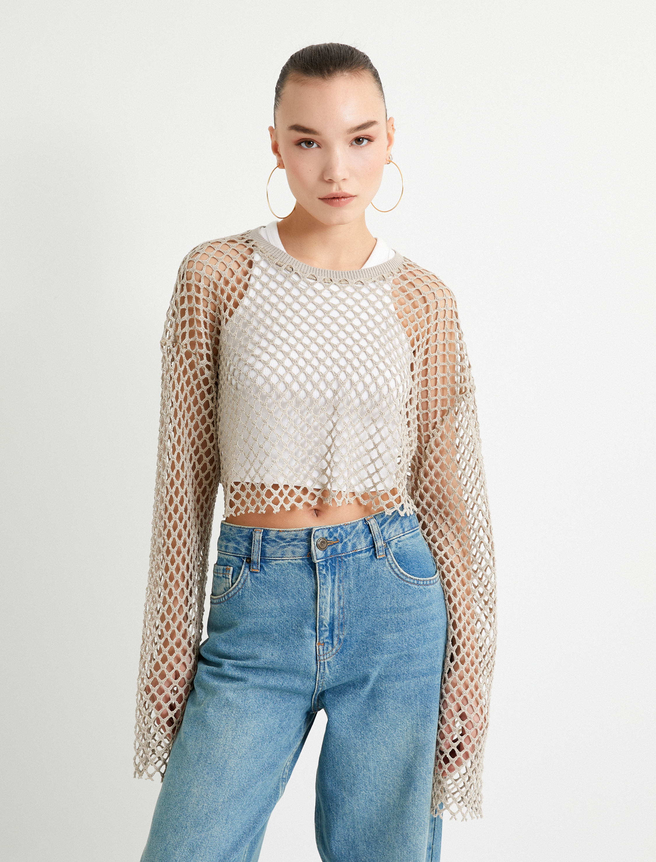   Crop File Kroşe Tişört Uzun Kollu Bisiklet Yaka