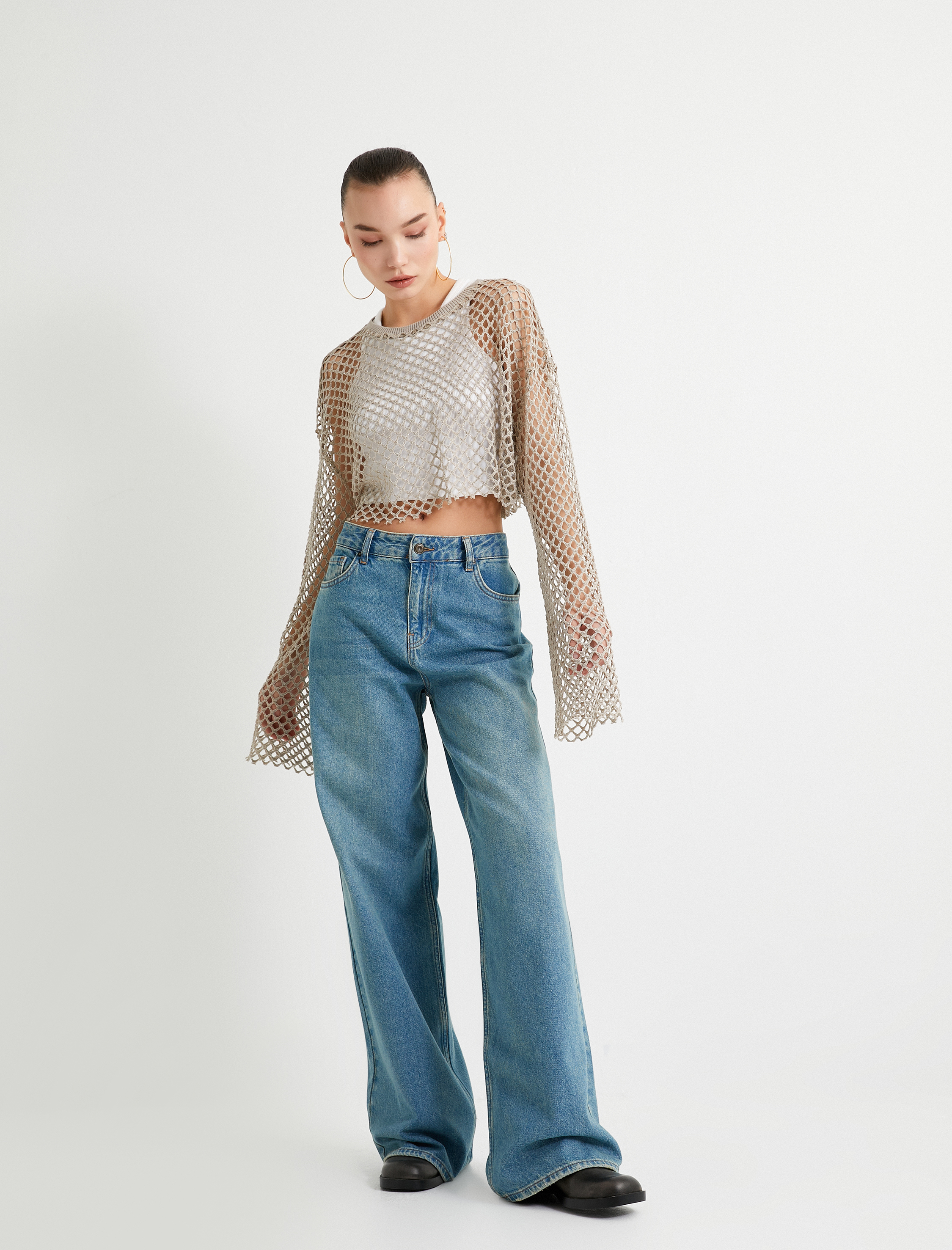   Crop File Kroşe Tişört Uzun Kollu Bisiklet Yaka