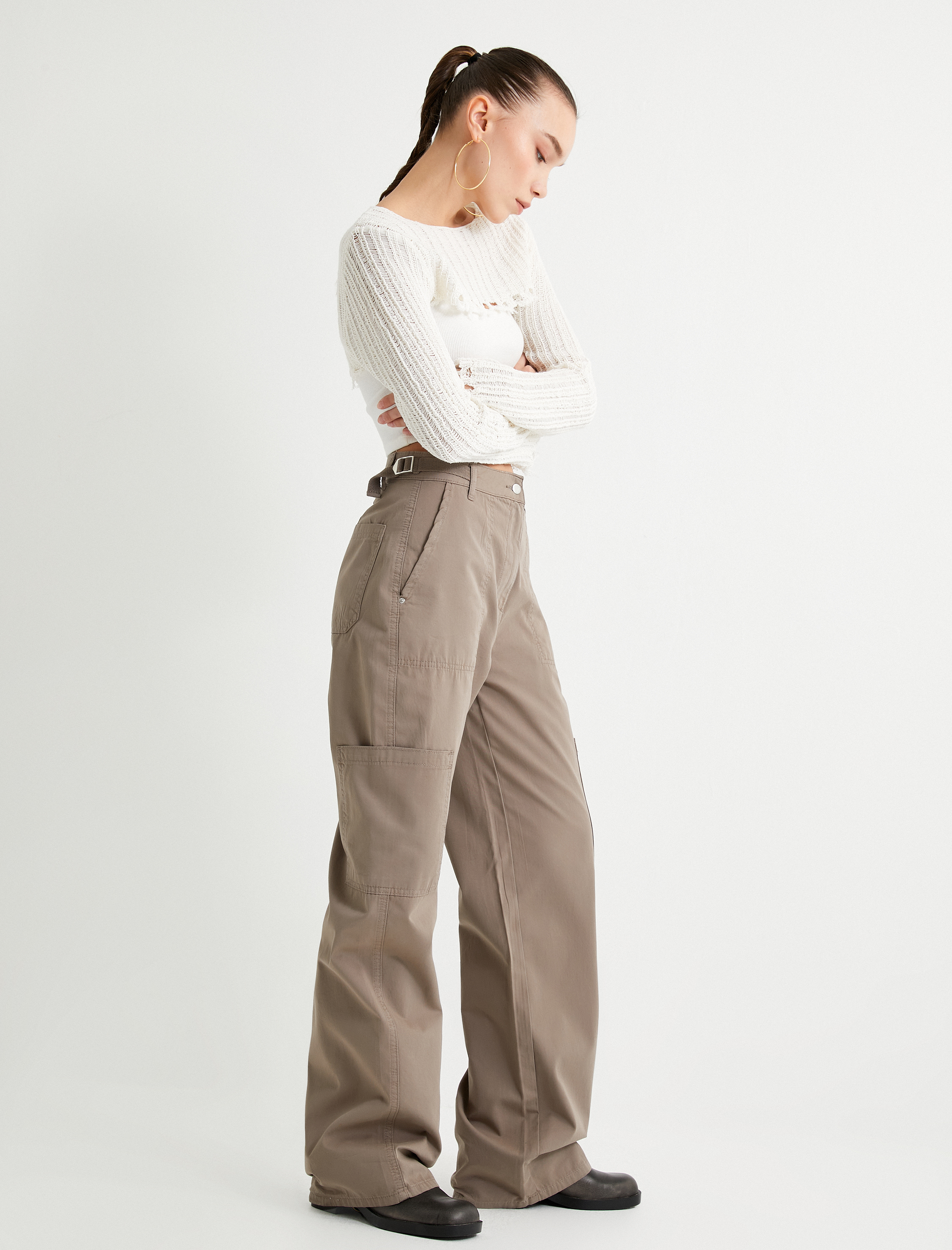   Bol Paça Pantolon Yüksek Bel Cep Detaylı