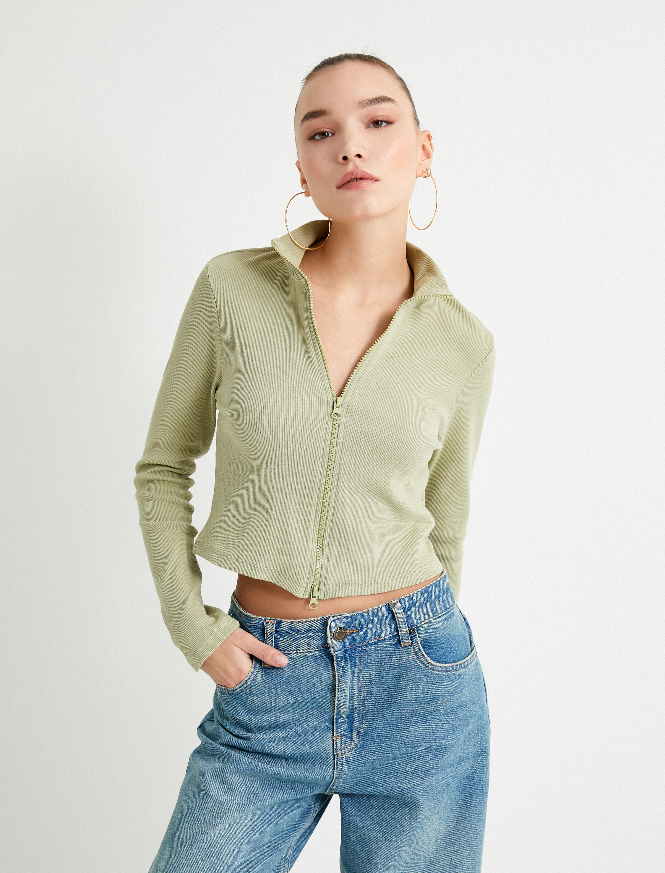   Fermuarlı Triko Hırka Dik Yaka Kaşkorse Uzun Kollu