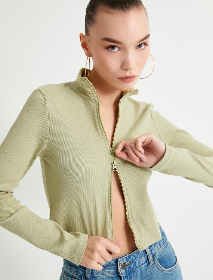  Fermuarlı Triko Hırka Dik Yaka Kaşkorse Uzun Kollu